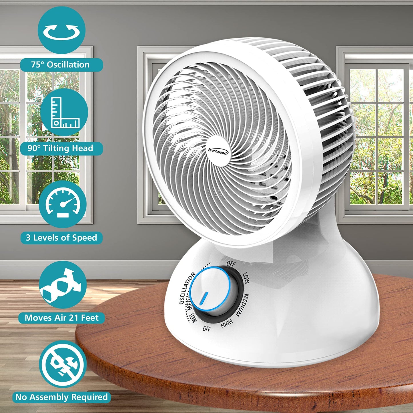 Brentwood 3-Speed Quiet Oscillating Air Circulator Desktop Fan White (6-Inch)