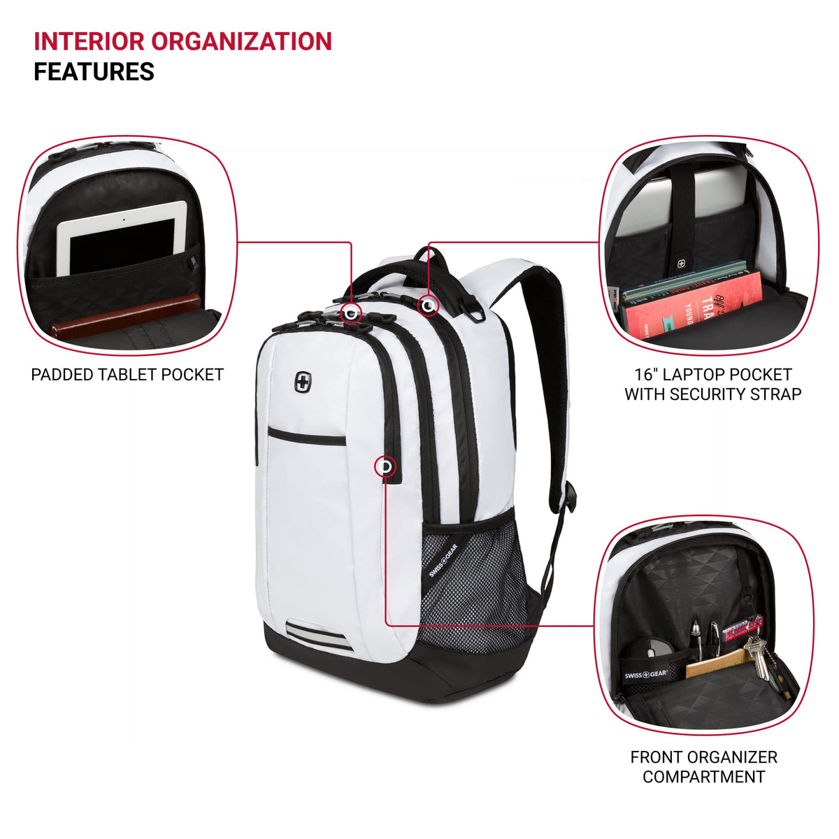 SWISSGEAR Cecil 18-Inch Laptop Backpack Fits 16-Inch Laptop, Travel Daypack with Organizer Pockets, Water Bottle Holders & Padded Straps - White