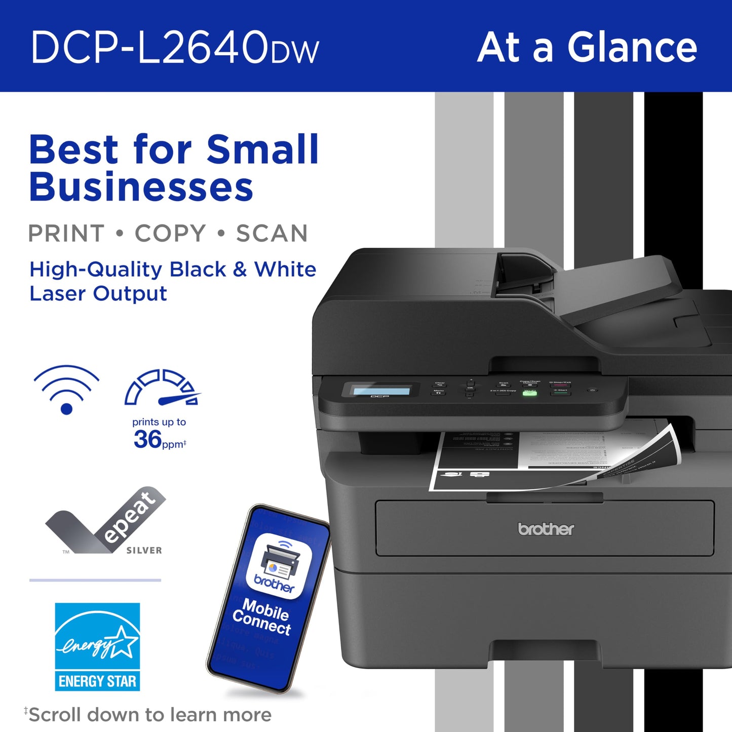 Brother DCP-L2640DW Wireless Compact Monochrome Multi-Function Laser Printer with Copy and Scan, Duplex, Mobile, Black & White | Includes Refresh