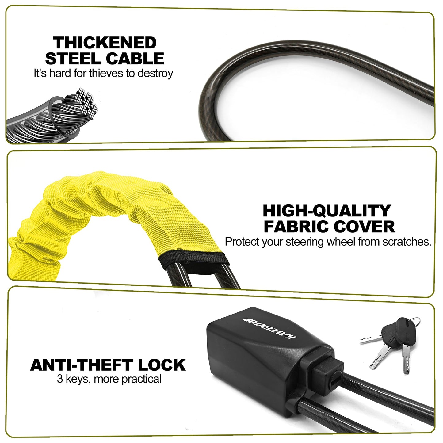 KAYCENTOP Car Steering Wheel Lock, Seat Belt Lock, Anti-Theft Device, Max 17 Inch Length, Small and Light-Weight, Multi-Functional, Fit Most Vehicle