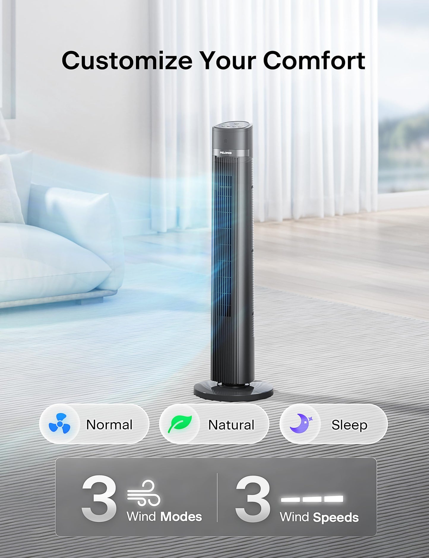 PELONIS 40 inch Bladeless Tower Fan for Bedroom, Standing Fan with Remote Control, 26ft/s, 90° Oscillation, 3 Speed Settings, 27 Db, 3 Modes, 15-Hour