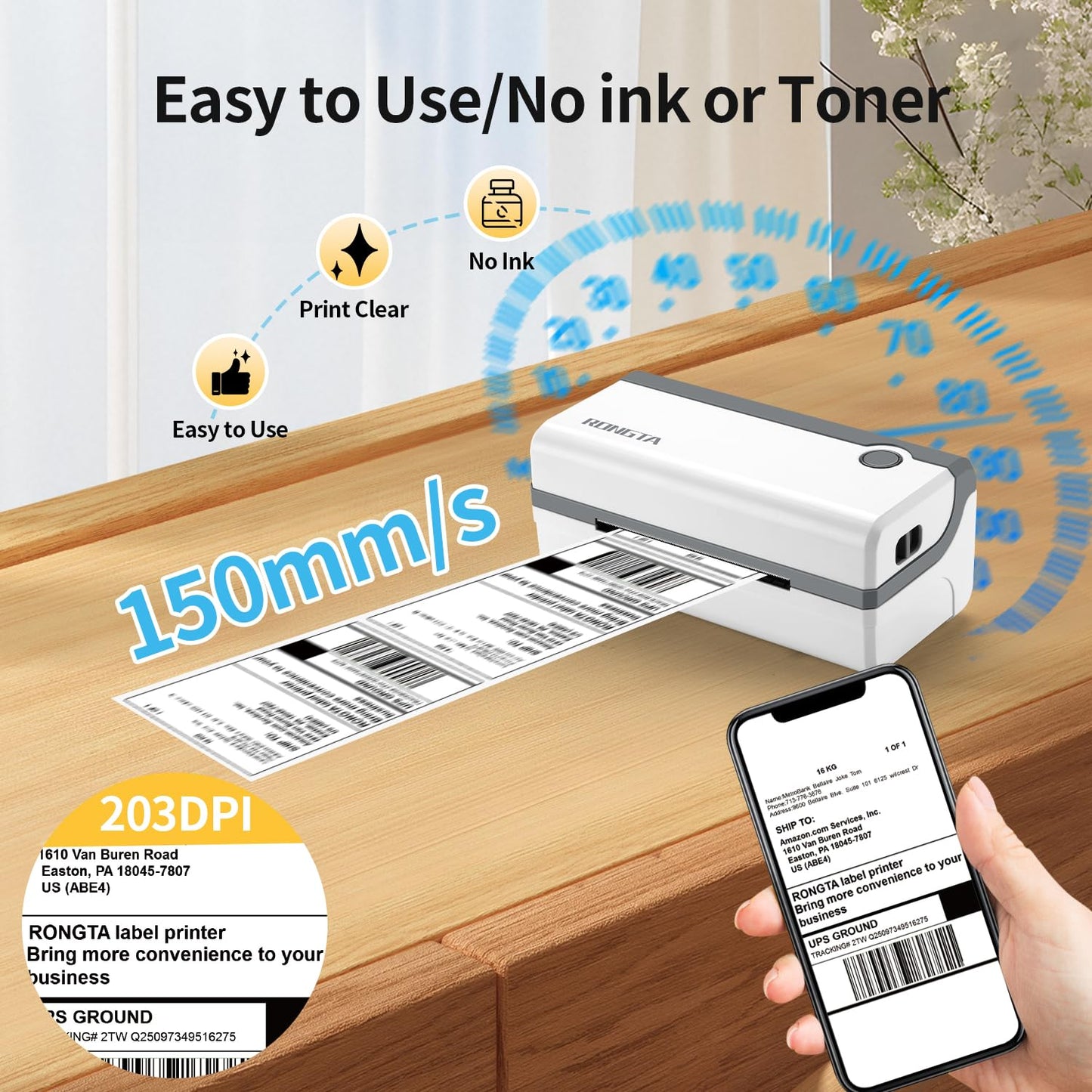 Rongta Bluetooth Thermal Shipping Label Printer, Wireless 4x6 Label Sticker Printer for Shipping Packages, Support Android, iPhone, Widely Used