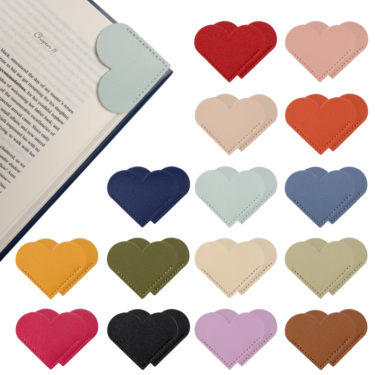 Yuoyar 30 Packs Leather Heart Bookmarks for Book Lovers, Cute Gifts (Solid Color)