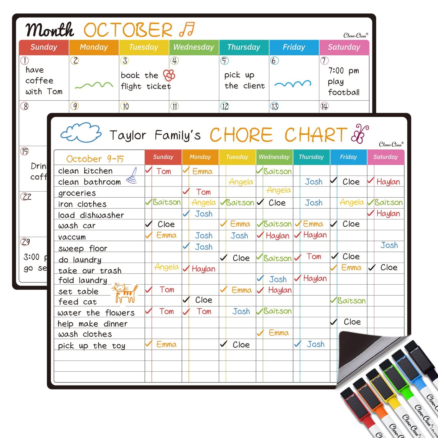 Magnetic Dry Erase Chore Chart, Monthly Calendar Set - 14.5"x11" Monthly Calendar, Chore Board for Fridge - 6 Extra Fine Point Markers Included