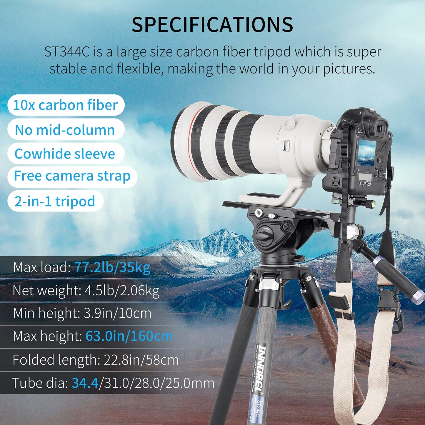 Carbon Fiber Tripod-INNOREL ST344C Professional Heavy Duty Camera Stand with 75mm Bowl Adapter Tube Leg 34.4mm, Max Load 77.2 lbs/35kg,Max Height 63