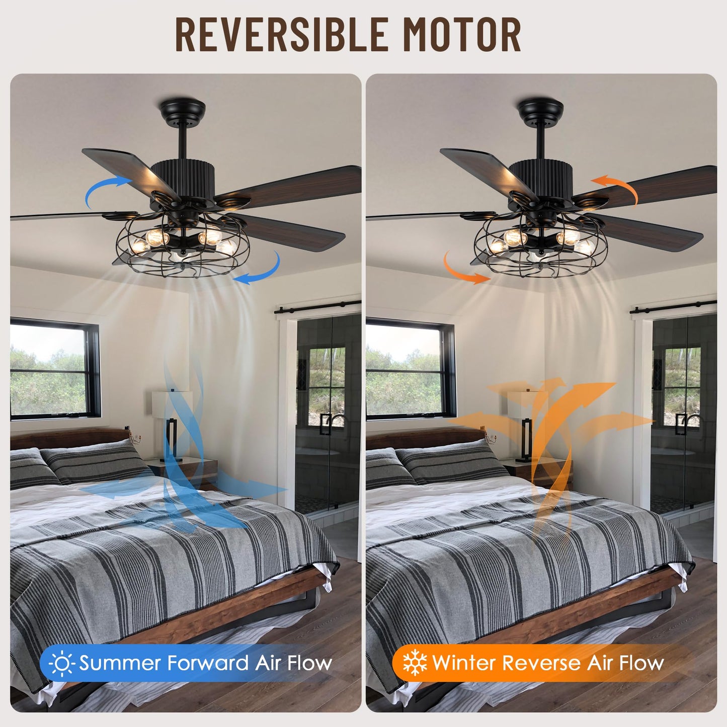NA 52'' Retro Industrial Ceiling Fan with Iron Cage, Remote Control&Pull Chains, 5 Wood Reversible Blades, Vintage Pendant Light Fan
