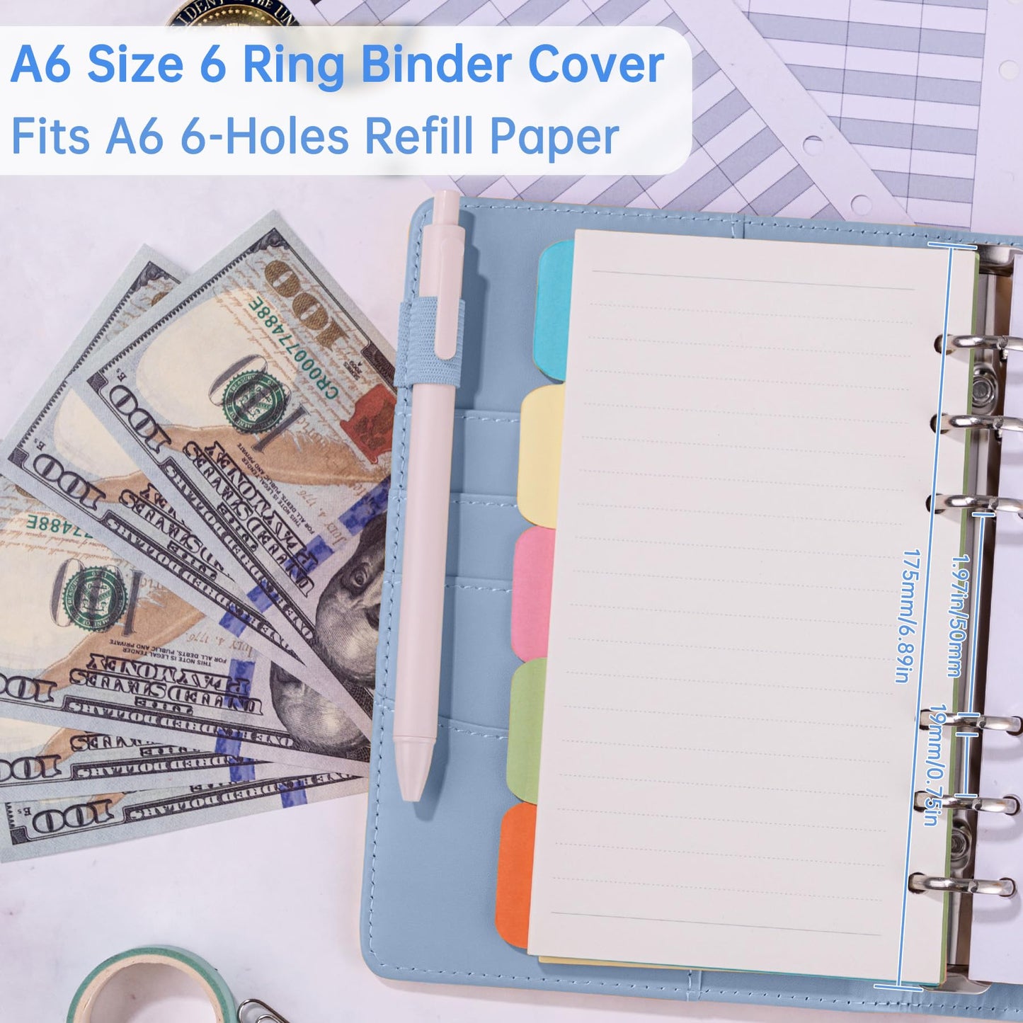Antner A6 Binder 6 Ring Refillable Notebook Budget Planner for A6 Filler Paper, PU Leather Loose Leaf Personal Planner Wallet Money Organizer Cash