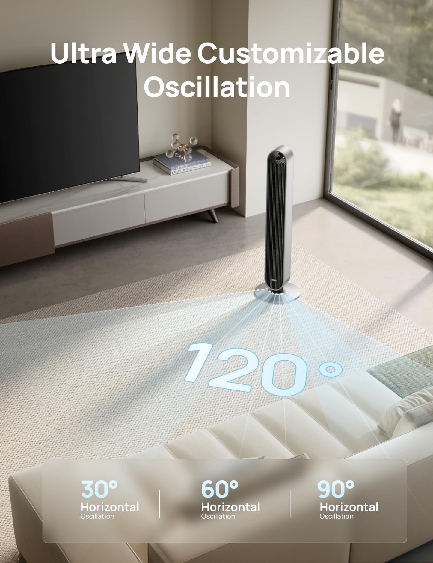 DREO Smart Tower Fan for Bedroom, 120° Oscillating Fan, 12 Speeds