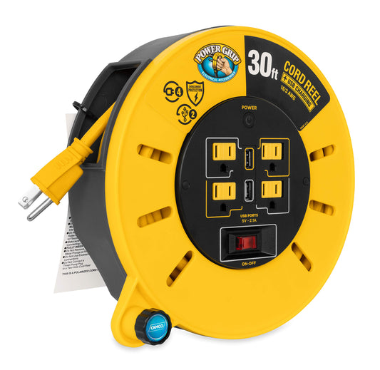 Camco 30-Ft 10 Amp RV Extension Cord Reel - Rated for 125V / 1,250W - Features 4 125V Electrical Outlets & 2 USB Ports - Includes On/Off Switch &