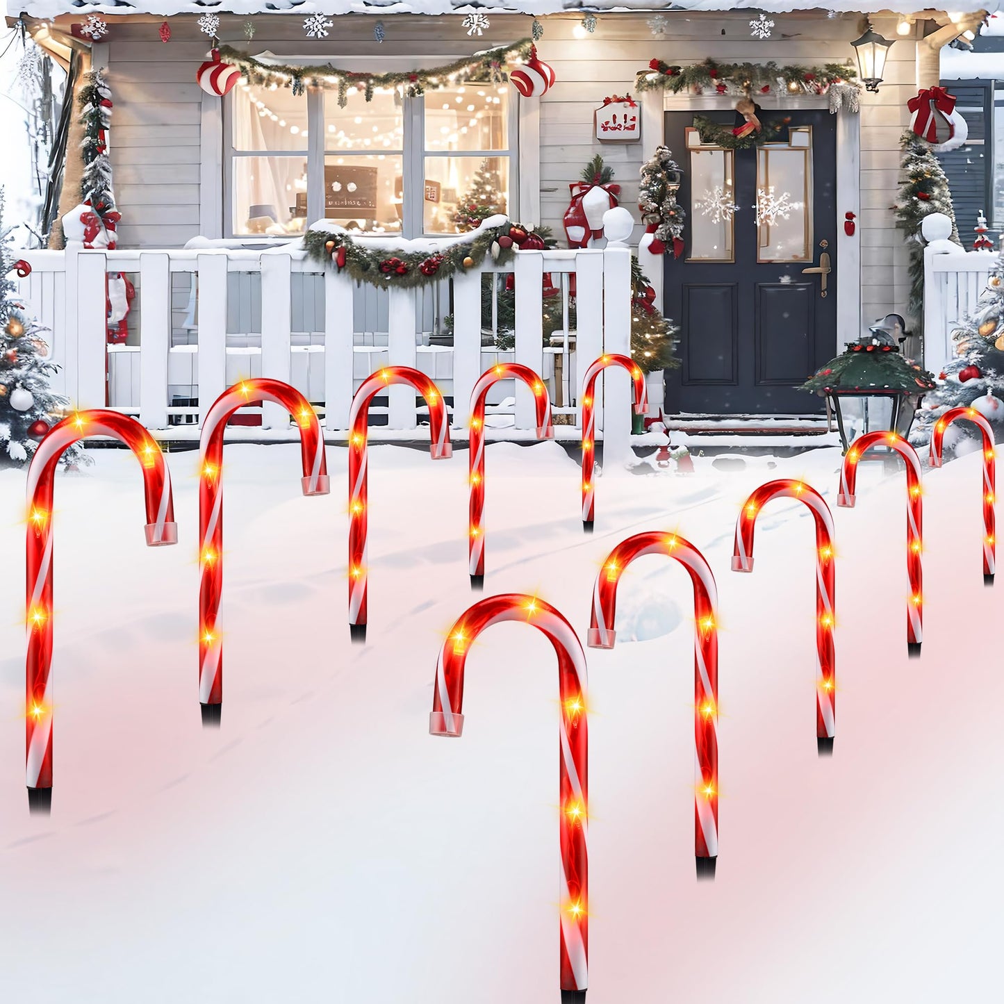 PerPaiMe 10" Christmas Candy Cane Lights - Set of 10 Pathway Markers Christmas Outdoor Yard Decorations, Xmas Candy Cane Stake Lights for Lawn