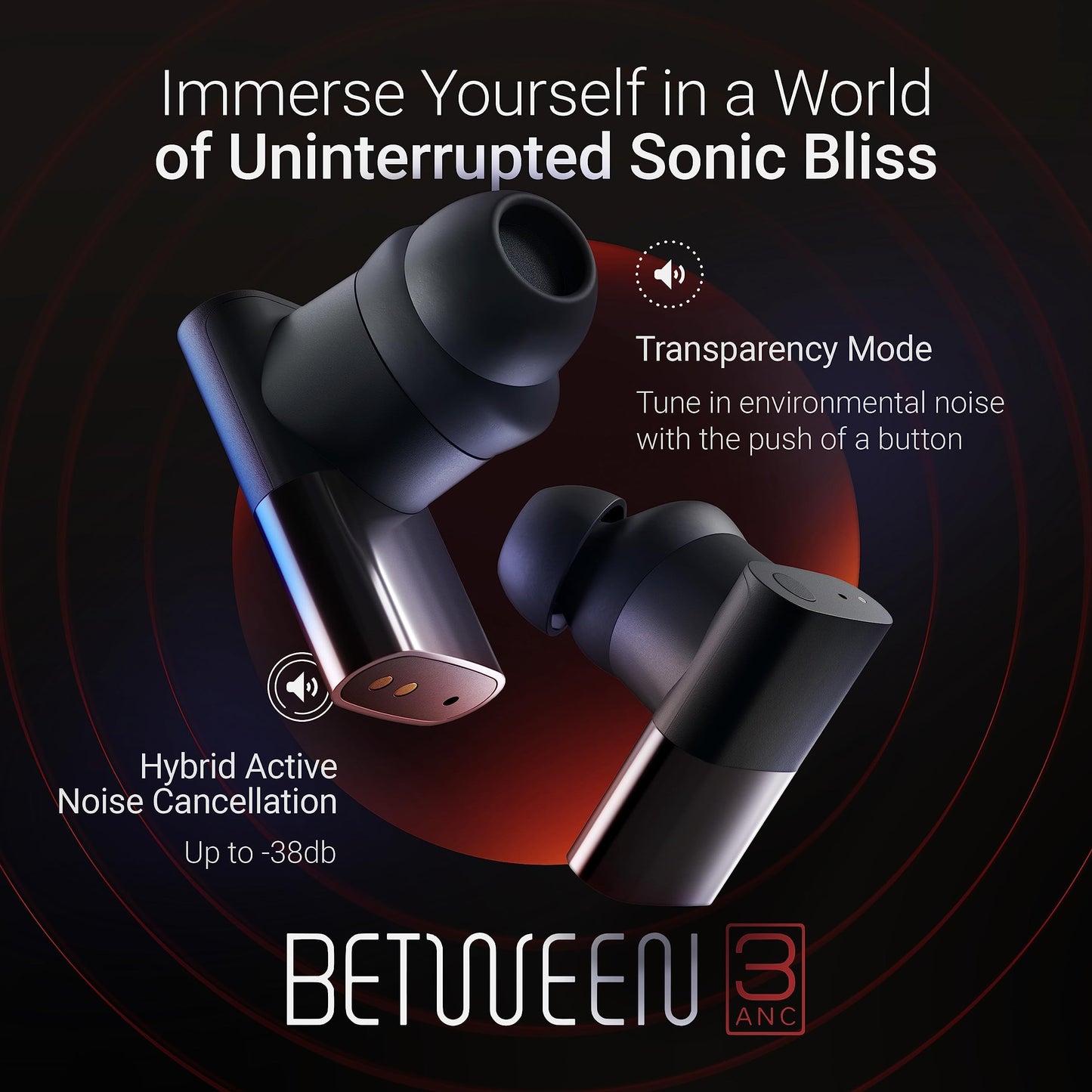 Status Between 3ANC Onyx True Active Noise Cancelling Wireless Earbuds - Black iPhone & Android ANC in Ear Buds, Charging Case, Built-in 6