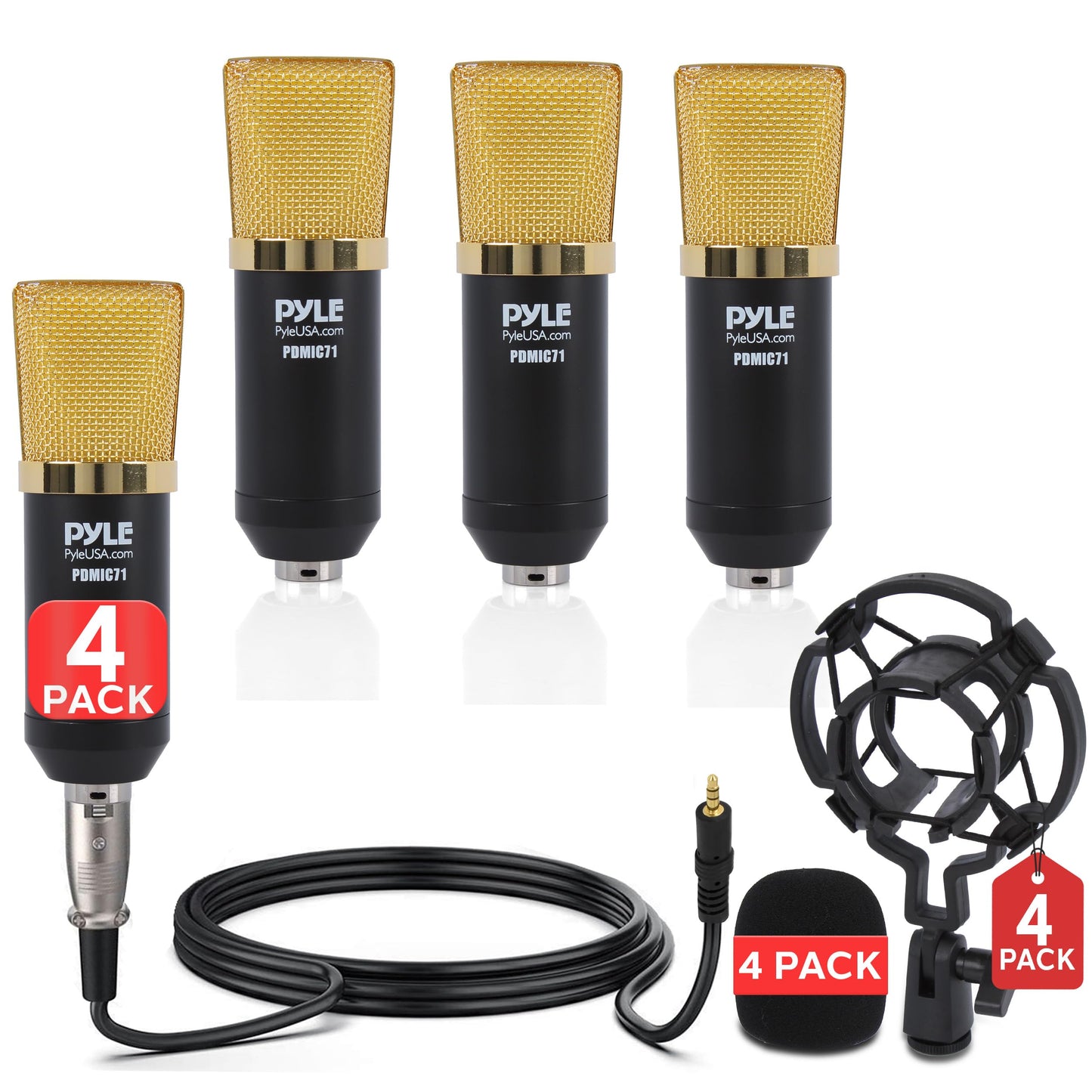 Pyle Cardioid Condenser Microphone Kit - 4-Pack Pro Audio Large Diaphragm Universal Mic with Shock Mount & XLR Cable, Ideal for Podcast, Streaming