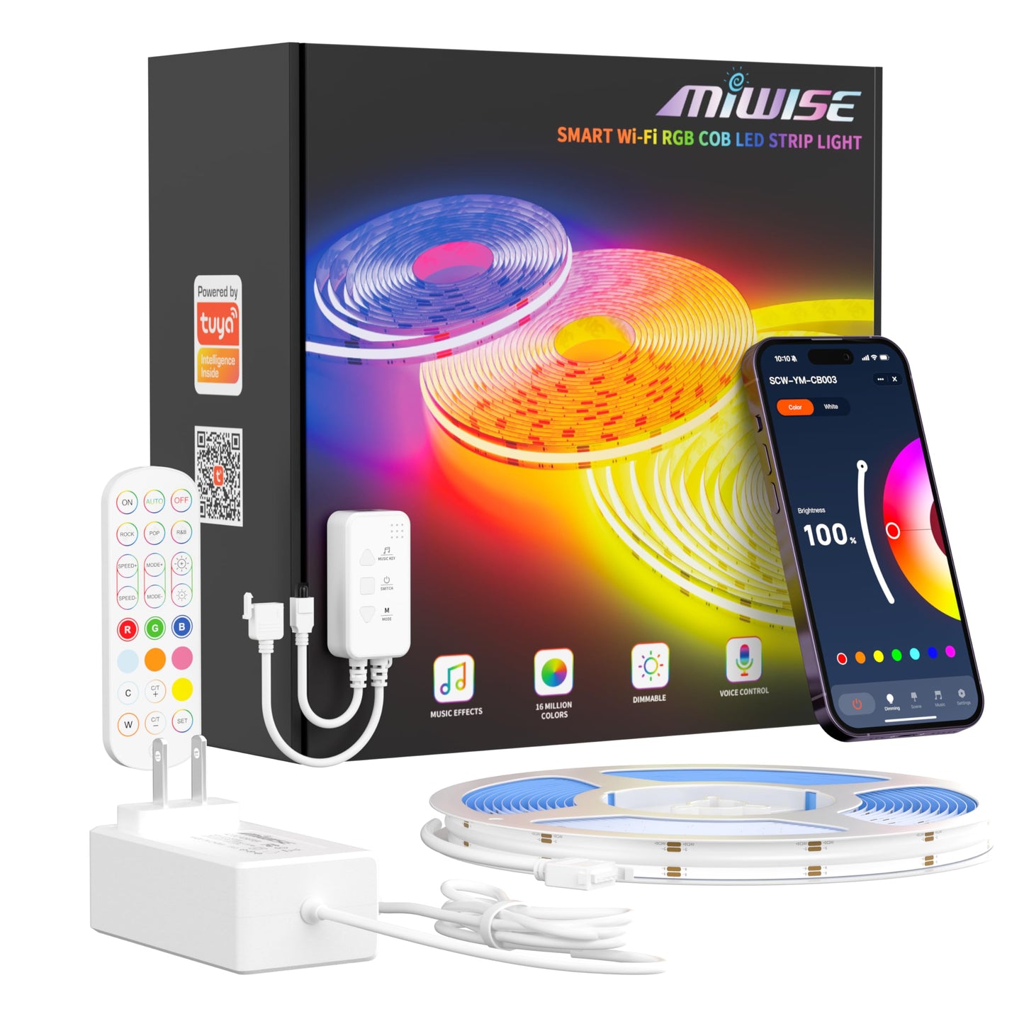 MIWISE RGB COB LED Strip Light 32.8ft/10m,Color Changing Dimmable Super Bright Strip Light 24V,Work with Alexa/Google Assistant/Tuya Multicolor