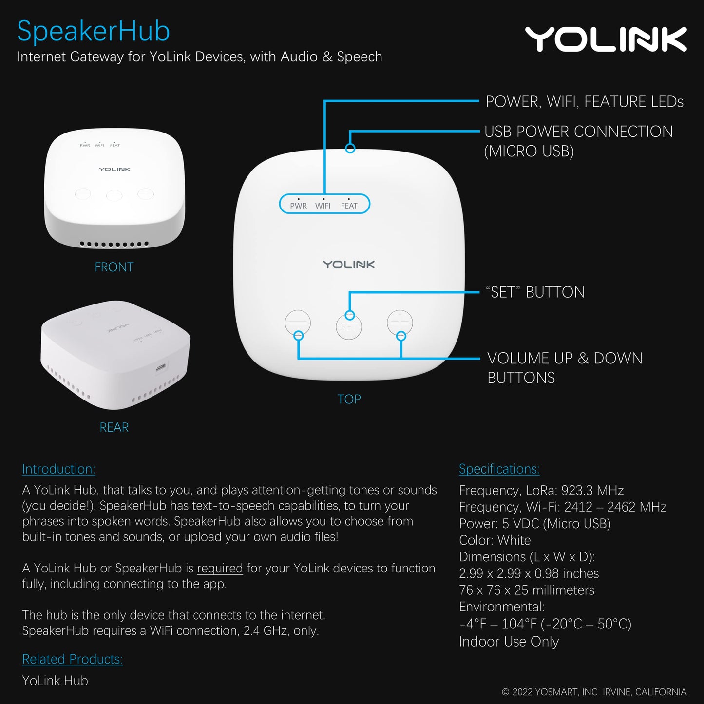 YoLink SpeakerHub & Two Motion Sensor Smart Home and Security Kit - Audio Hub Plays Tones/Sounds, Spoken Messages, LoRa-Powered ¼ Mile Range, WiFi