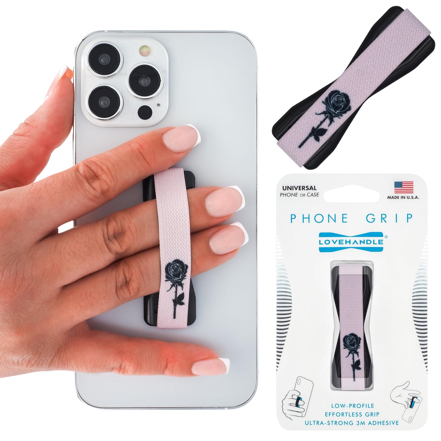 LOVEHANDLE Universal Phone Grip for Smartphones & Mini Tablets - Phone Holder for Hand - Wireless Charging Compatible - Made in The USA - Black Rose