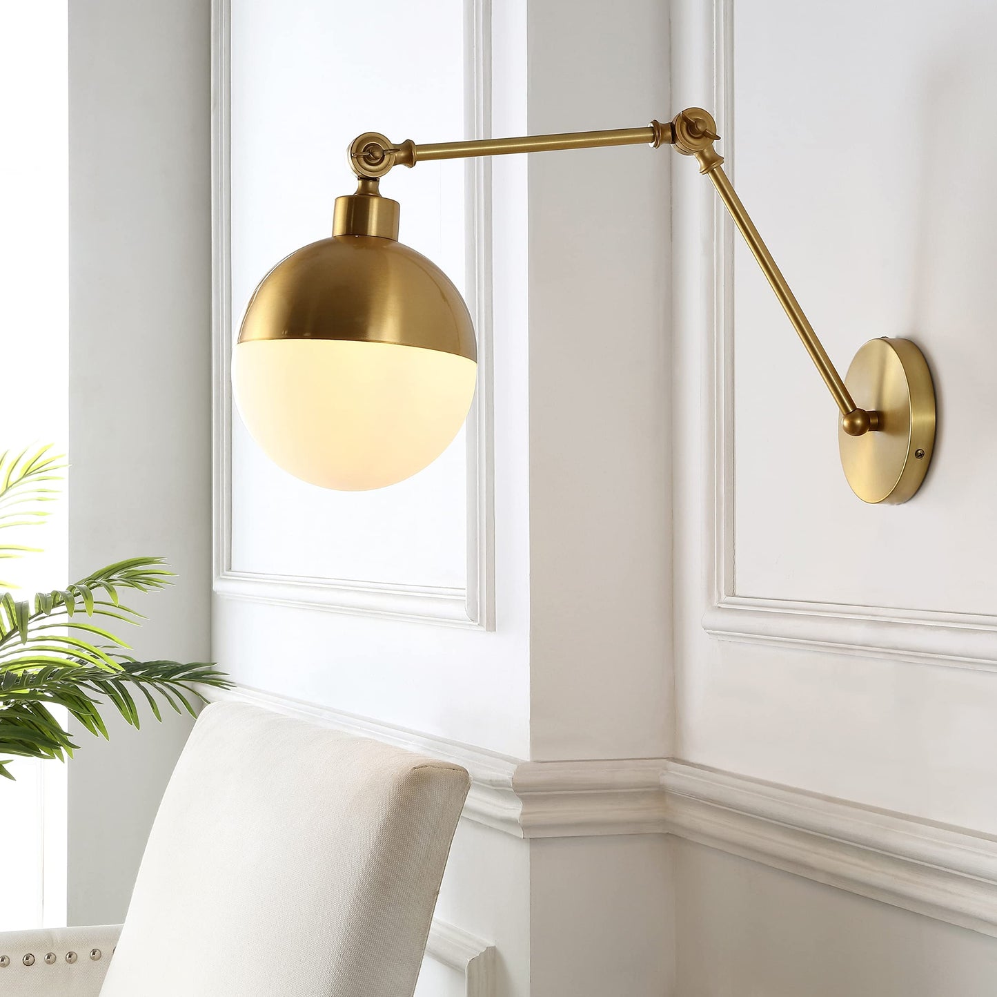 JONATHAN Y 12.5" Brass Gold 1-Light Iron and Glass Arm-Adjustable LED Sconce, Mid-Century Modern Art Deco Wall Lamp for Bedroom Living Room, LED Bulb