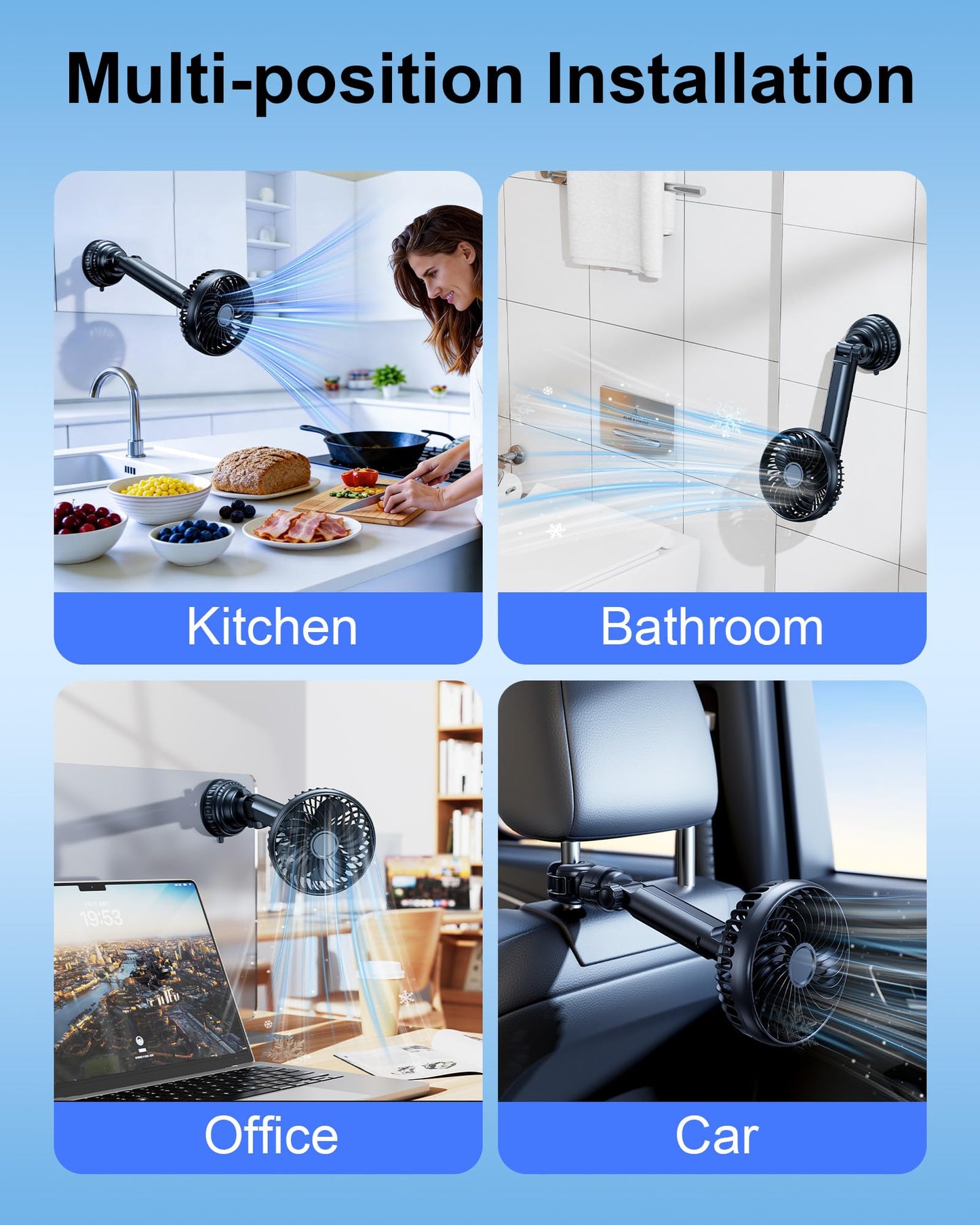 5000mAh Rechargeable Suction Cup Fan for Bathroom Shower, 360° Adjustable Stick on Fan for Wall, Detachable Battery Operated Wall Fan for Bathroom