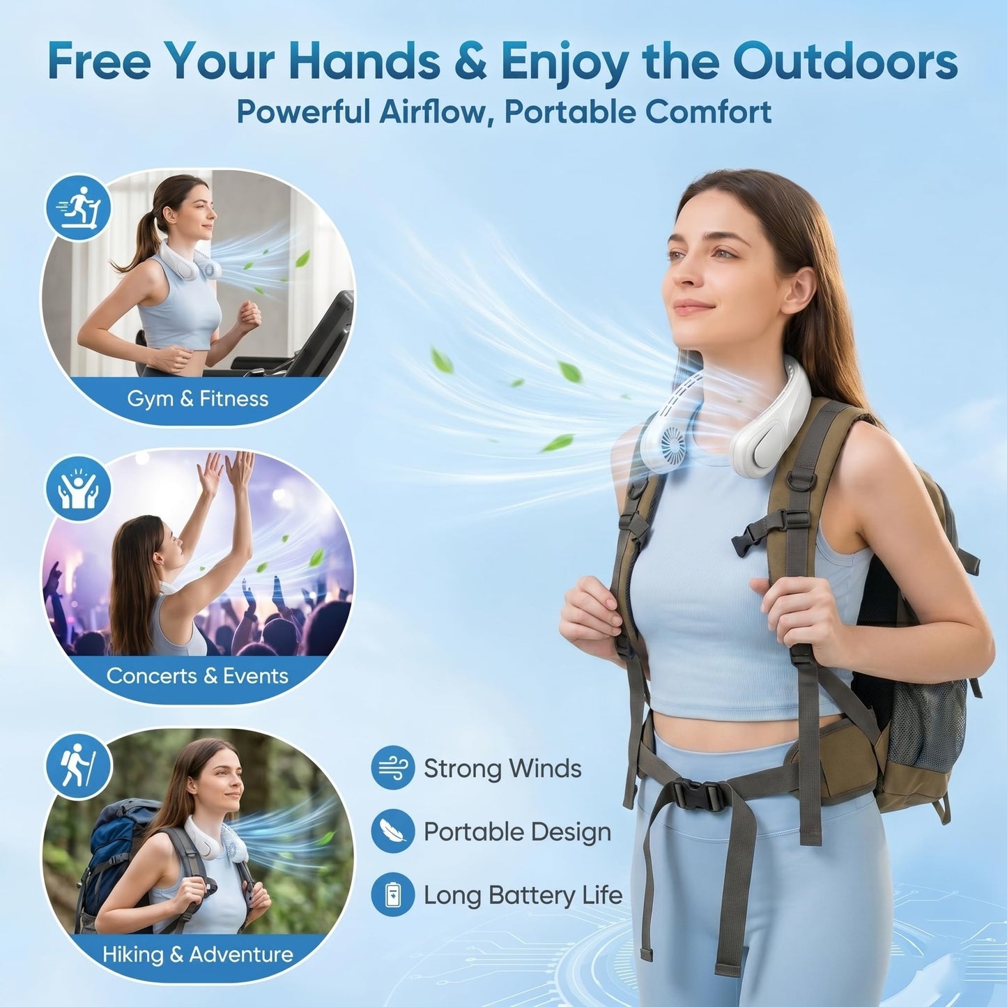 TREDY Neck Fan Portable Rechargeable, 4000mAh Battery Operated Wearable Personal Fan, 5 Speeds Bladeless Cooling Fan, Quiet Hands-Free Fan for Travel