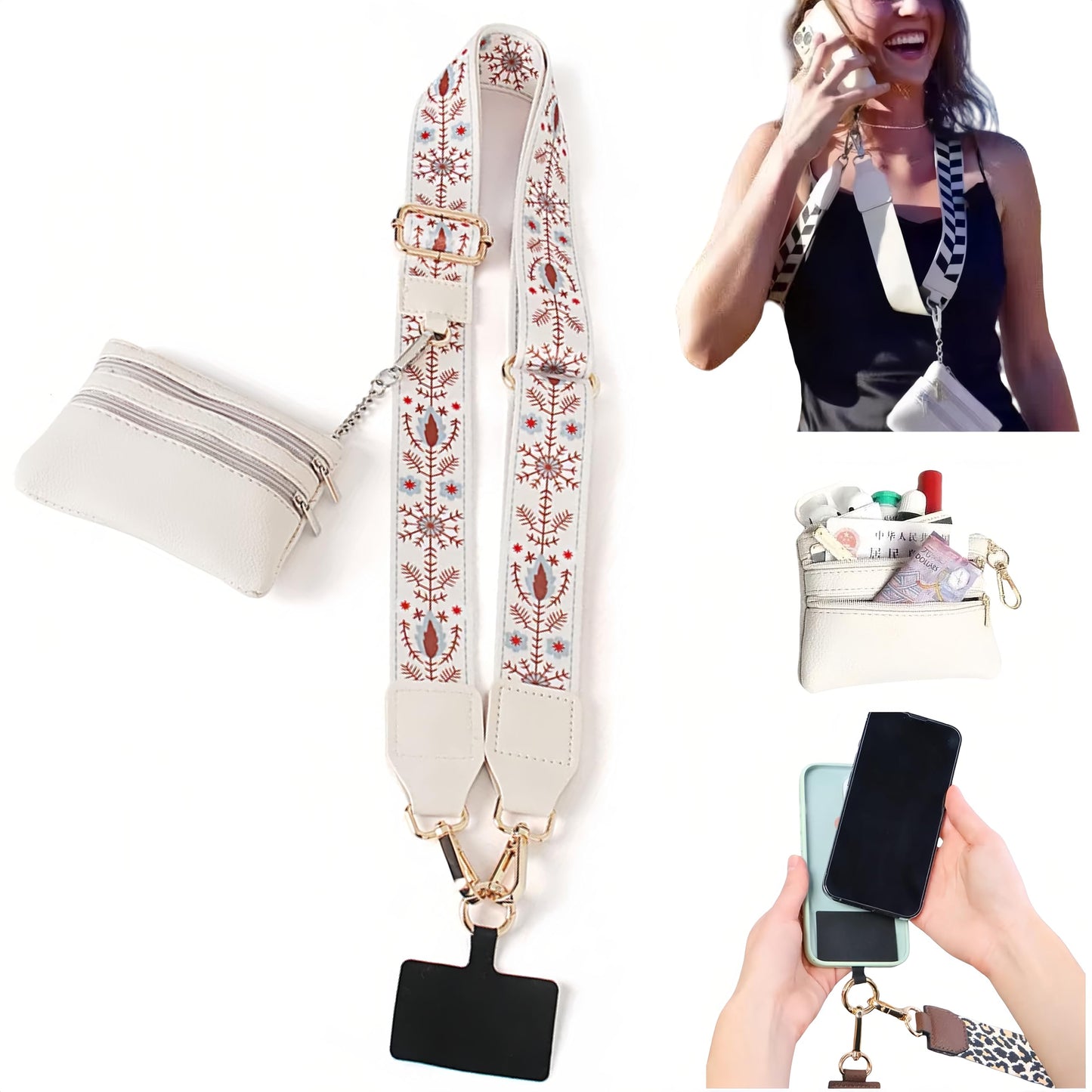 Surlveia Crossbody Body Phone Holder for Women, New Phone Strap with Zippered Pouch, Adjustable Crossbody Strap (Flower white)