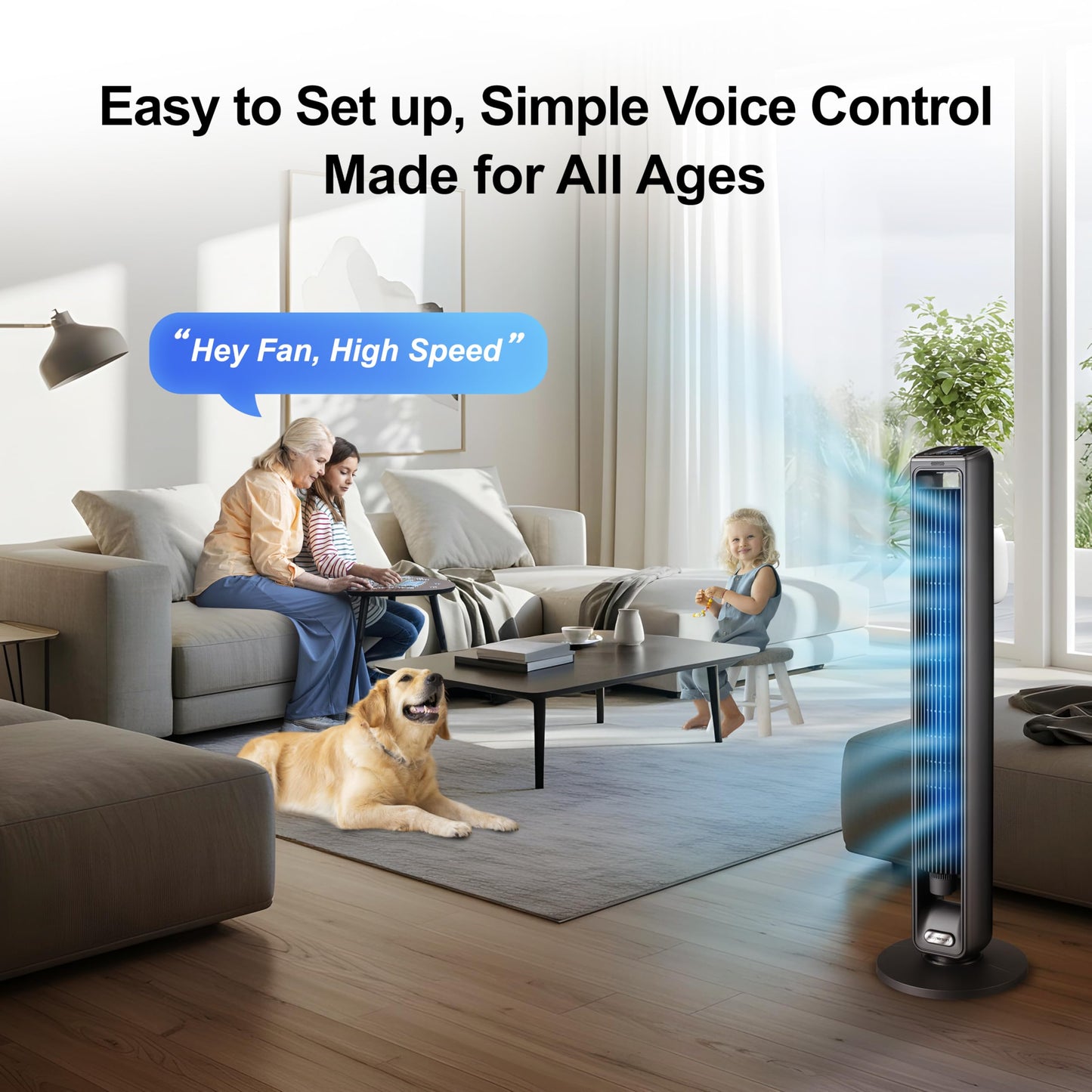 Emerson SmartVoice 42” Tower Fan, Wi-Fi-free Voice Control, No APP, No WIFI, No Setup, 70° Oscillating, 3 Wind Speeds, 15-Hr Timer, Oil Diffuser