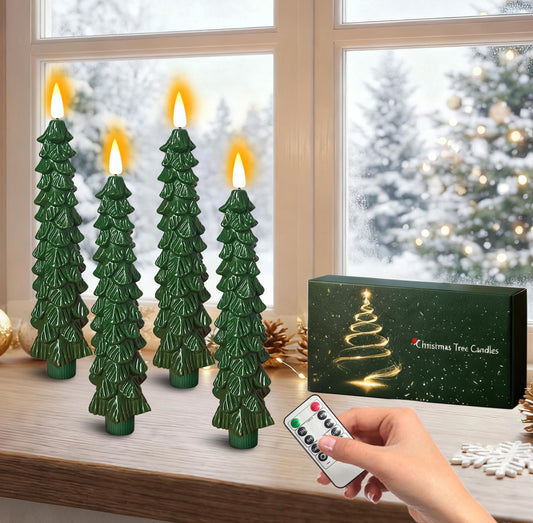 Htscudtg Christmas Tree Candles with Remote Timer, 4 Pcs 9.6" LED Flameless Taper Candles, Battery Operated Xmas Green Tree Shaped Candlesticks