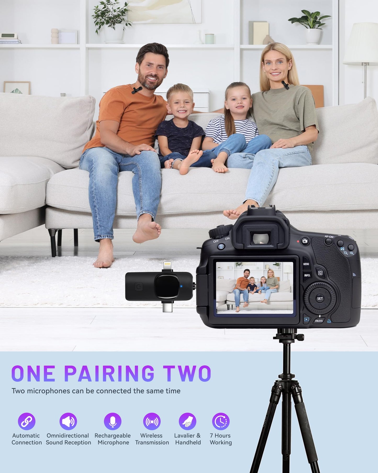 ???????? 3 in 1 Wireless Lavalier Microphones for iPhone, iPad, Android, Camera, 7-Hour Battery, Mini Microphone with Noise Reduction for Video Recording