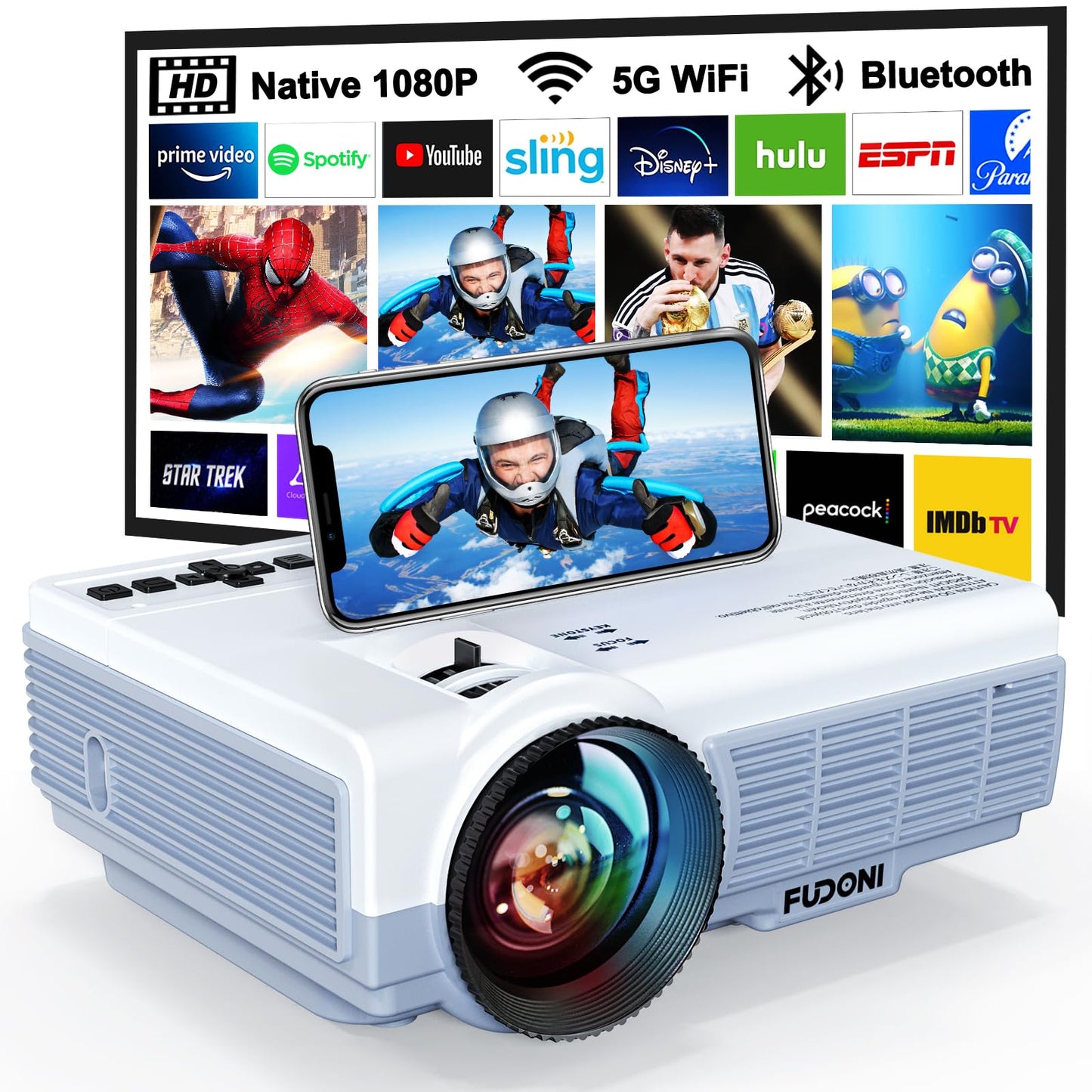 FUDONI Projector with 5G WiFi & Bluetooth, Native 1080P 18000L Portable Movie Projector for Home Theater Outdoor, Built-in Speaker, Compatible