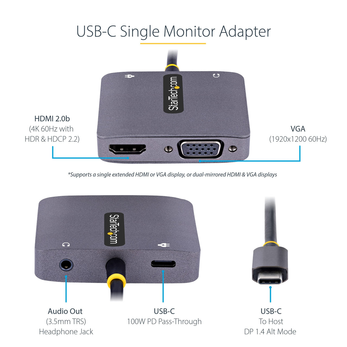 StarTech USB-C to HDMI/VGA Adapter, 4K 60Hz, 100W PD (122-USBC-HDMI-4K-VGA)