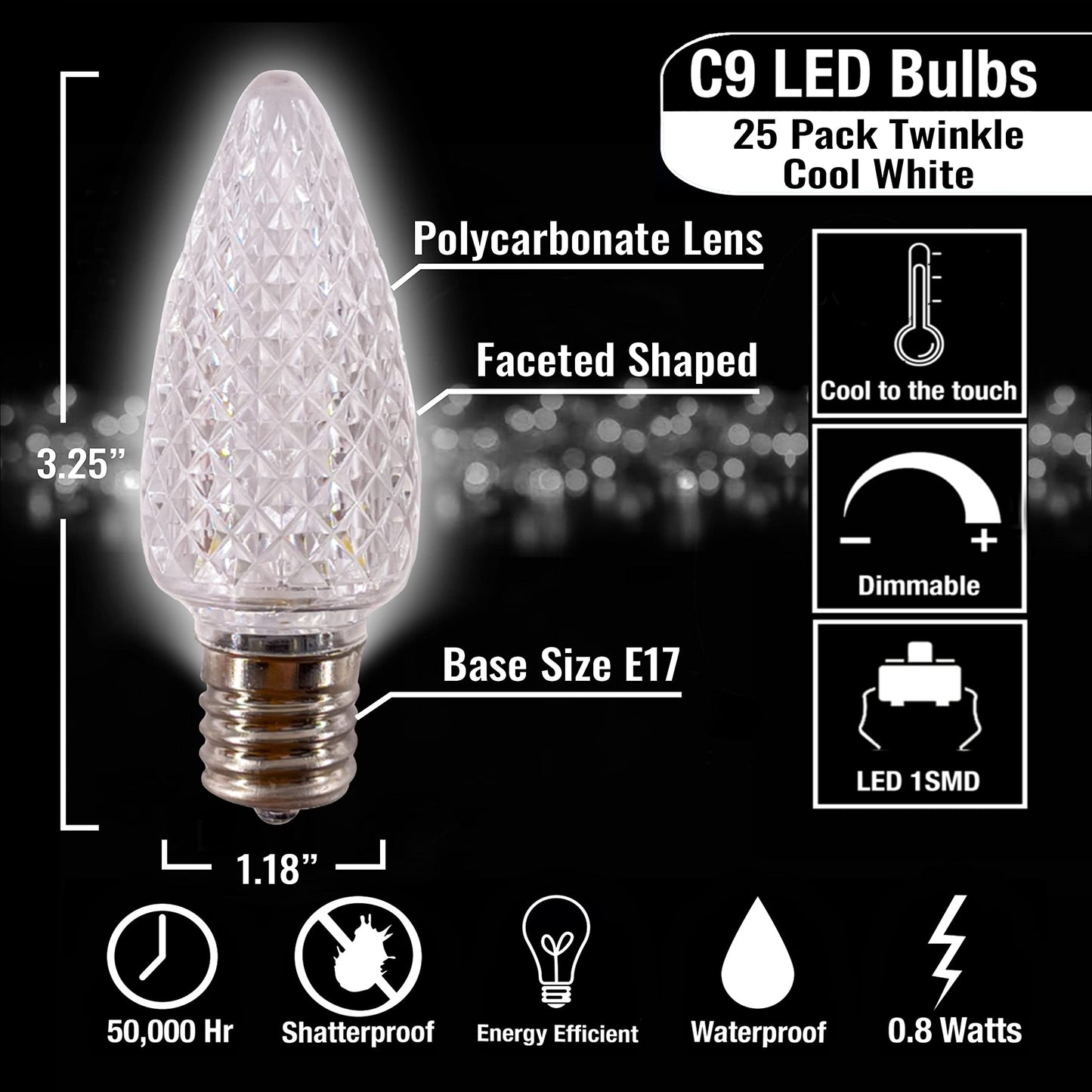 MIK Solutions C9 Christmas Lights LED Bulb (Pack of 25) Twinkle Cool White LED Replacement Christmas Light Bulbs Faceted Retrofit Candle Shape