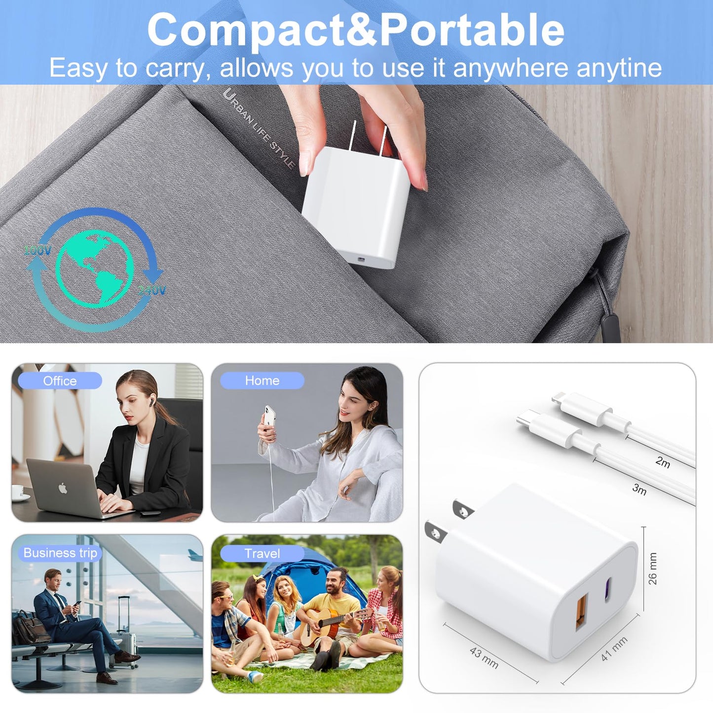 iPad Charger 2 Pack 20W Dual Port QC + PD 3.0 Power Adapter Fast Wall Charger Block with 6FT&10FT Lightning Cord Cable for iPad 9/8/ 7 Generation