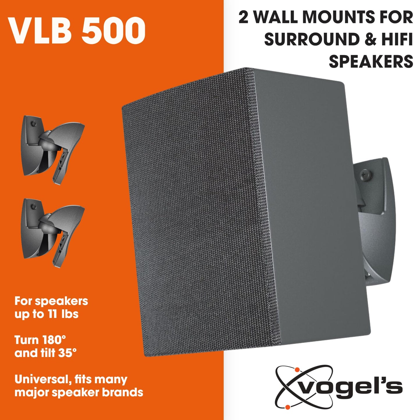 Vogel's VLB 500 Universal Speaker Wall Mount Set Swivels up to 180º (Left/Right) Can be Tilted up to 20º Pre-Assembled Max. 11 lbs (5 kg) Black 2