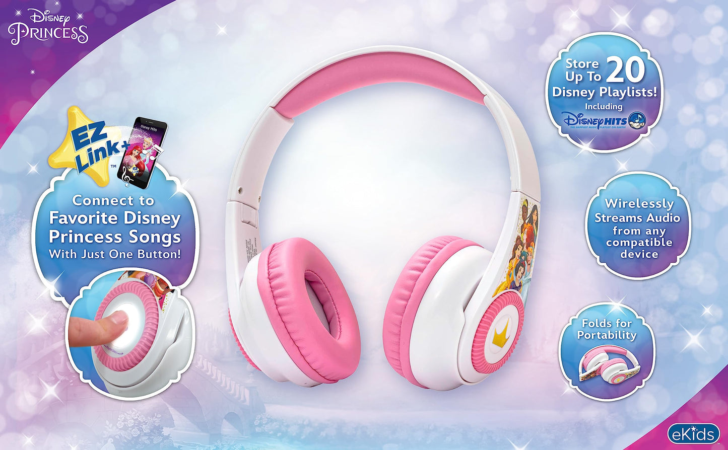 eKids Disney Princess Bluetooth Headphones with EZ Link+, Wireless Headphones with Microphone and Audio Cable, Kids Earphones for School, Home, or…