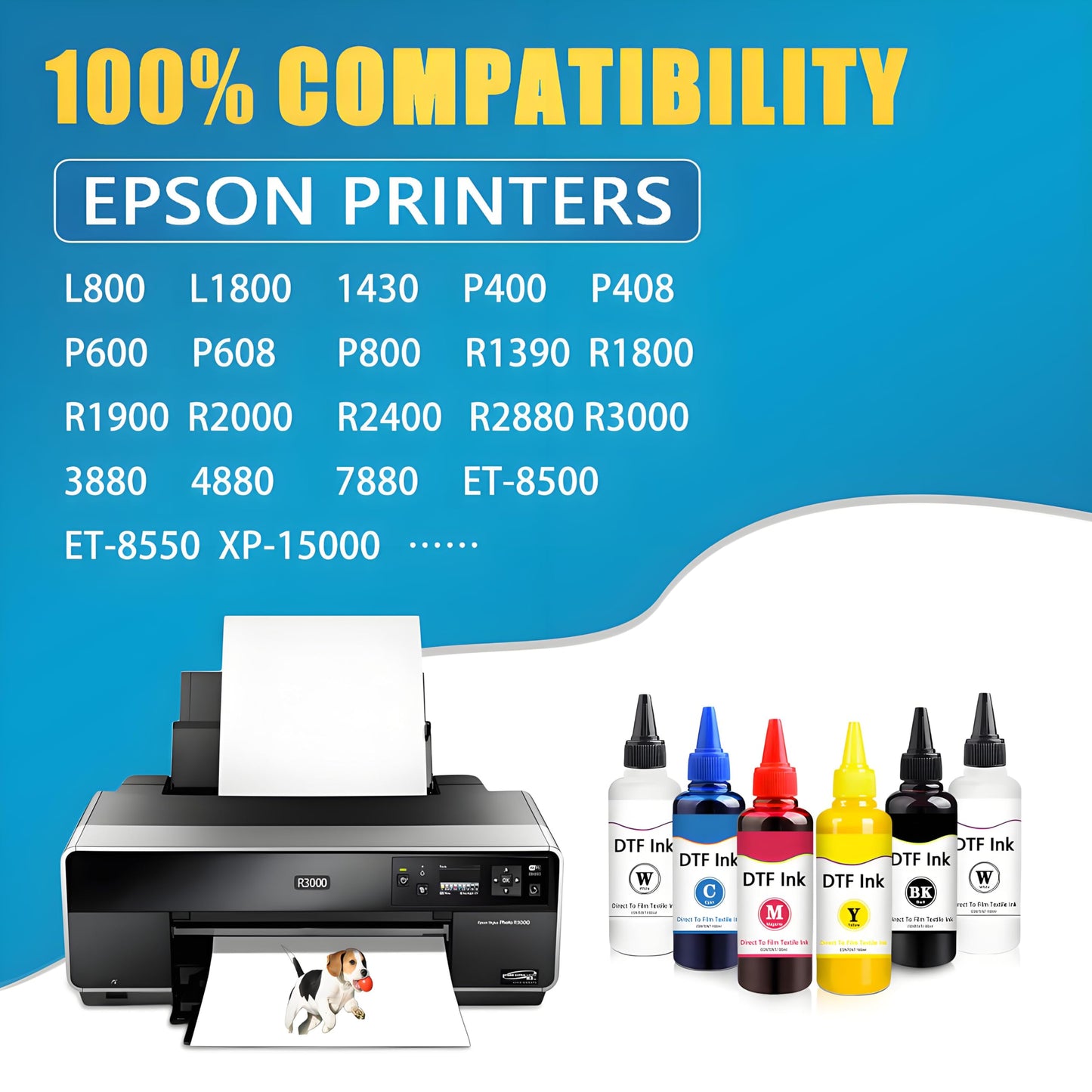 KSUMEI DTF Ink Bottle Premium Heat Transfer Printing Direct to Film Refill Ink for Epn L800, L805, L1800, R1390, R2400, ET-8550,XP-15000 Printers