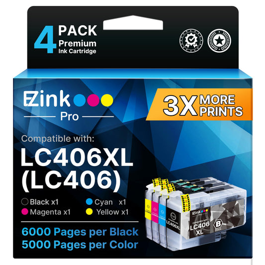 E-Z Ink Pro LC406XL LC406 Ink Cartridges for Brother Printer 4 Pack