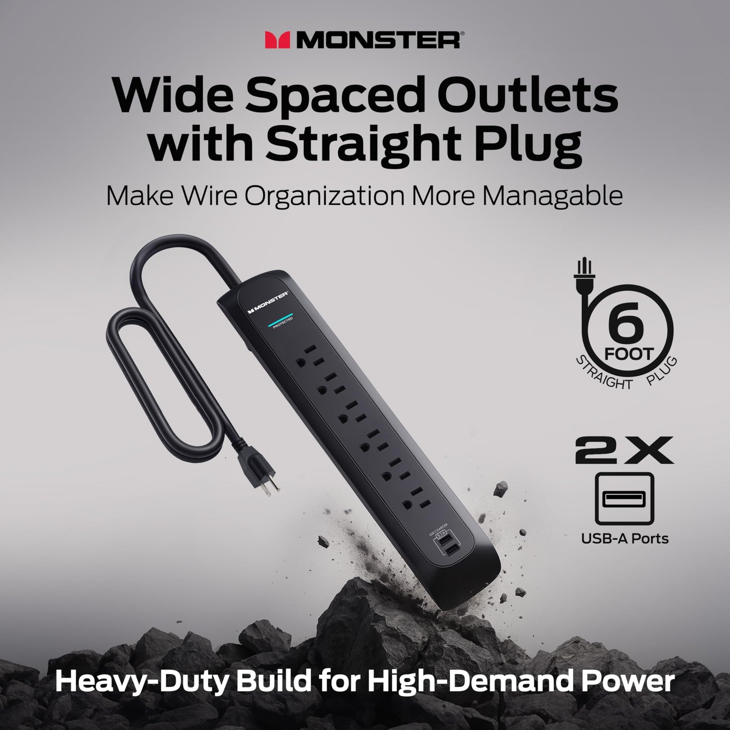 Monster Power Surge Protector w/ 1200 Joule Rating - Heavy Duty 6 FT Surge Protector Power Strip w/ 6 120V Outlets, 2 USB-A Ports - Fireproof MOV