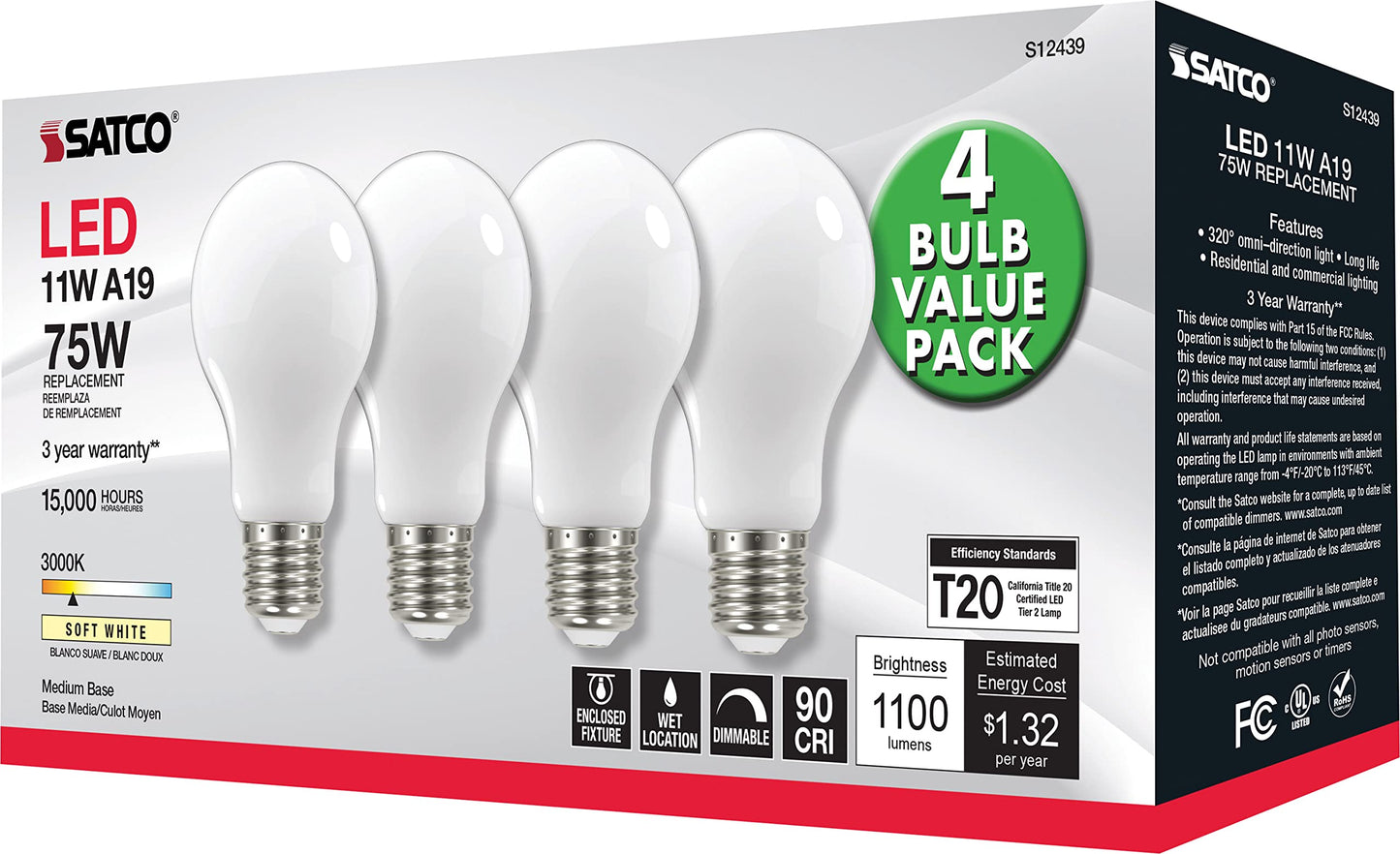Satco S12439, A19 LED Light Bulbs, 75W Replacement, 3000K, 4-Pack, LED Lamp