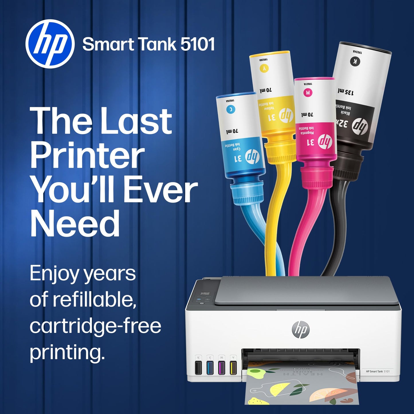 HP Smart Tank 5101 Wireless All-in-One Refillable Printer, Scanner, Copier with 2 Years of Ink Included, Wireless (2.4ghz only) Printer-for-Home use