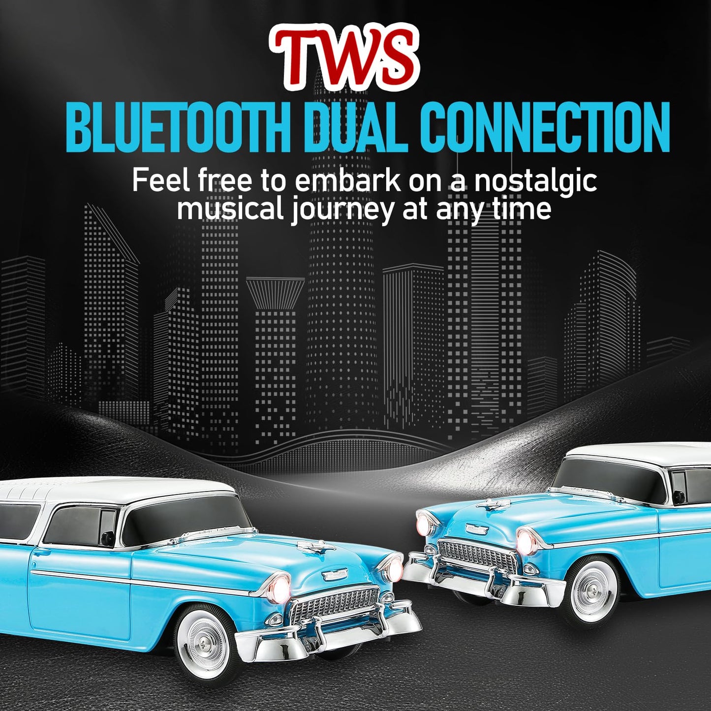 WSTER WS-1955 Retro Sedan Bluetooth Replica Speaker - Portable Wireless Car Model with HD Sound, TWS, FM, LED Party Light, USB/TF, Type-C, Hands-Free