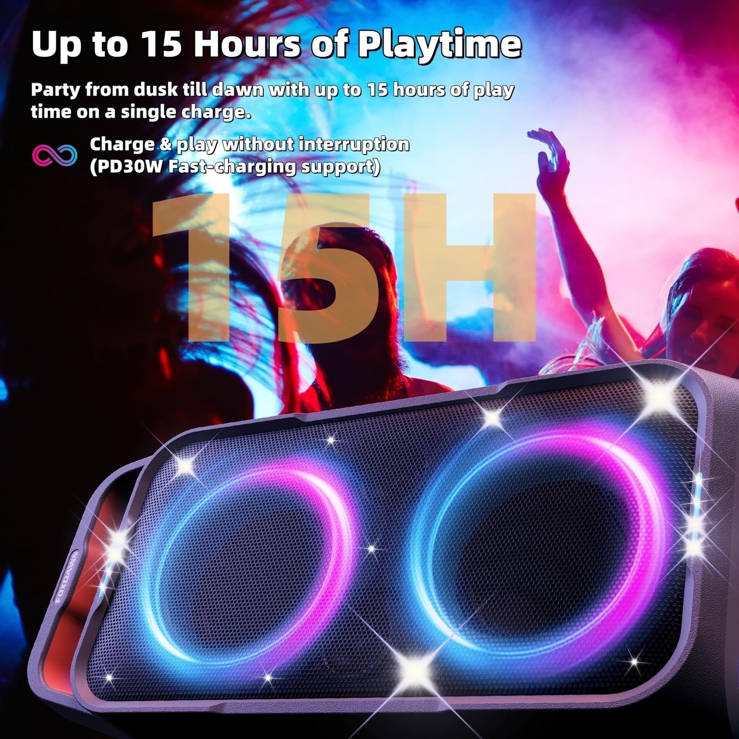 Foxdawn Portable Bluetooth Speaker: 240W Peak Powerful Loud Sound Deep Bass Wireless Boombox Large Subwoofer 15 Hours Battery Life Fast Charging