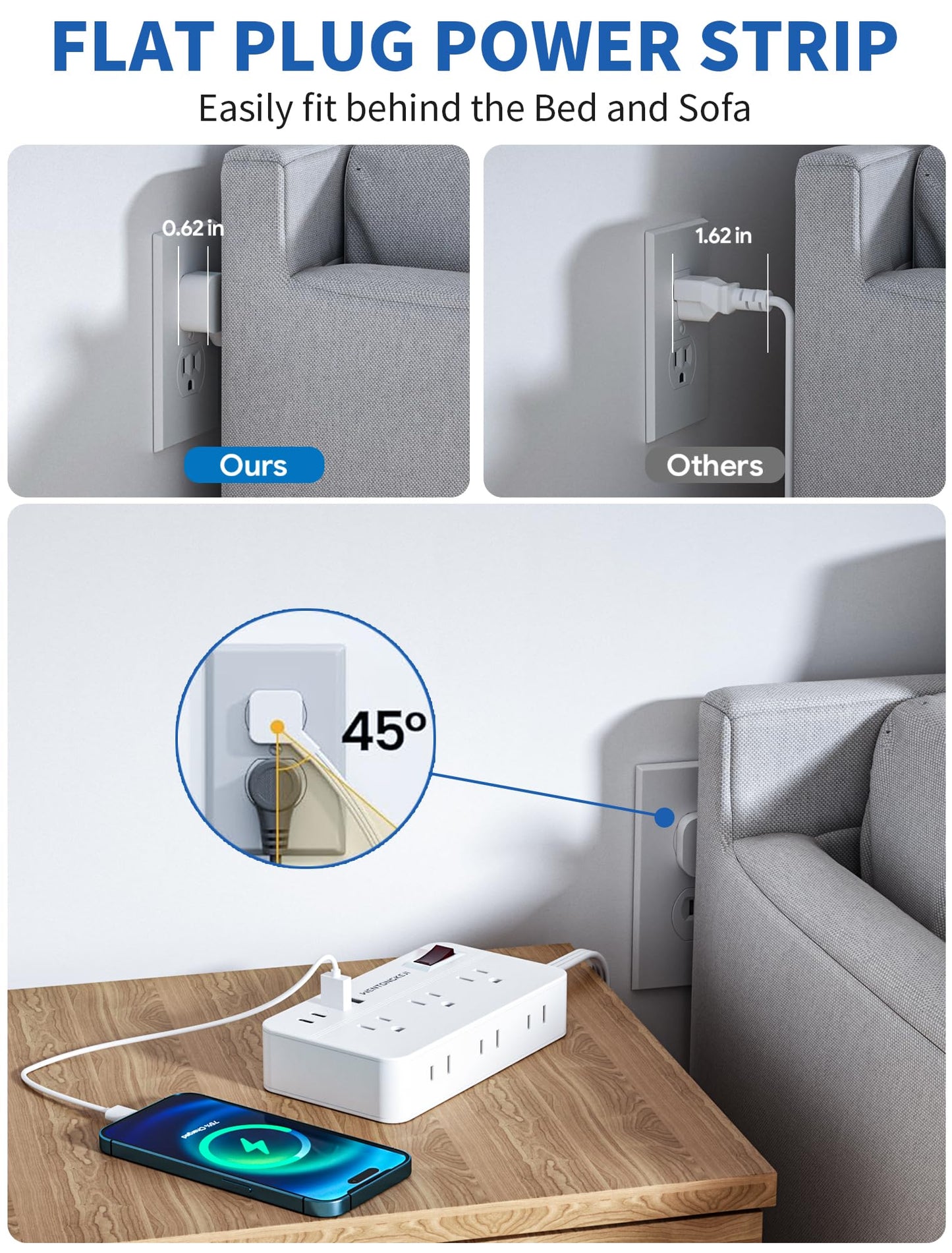 Surge Protector Power Strip - 5Ft Braided Extension Cord Flat Plug with 6 Outlets and 2 USB-A 2 USB-C Ports, 1080 Joules Wall Mounted Charging Station