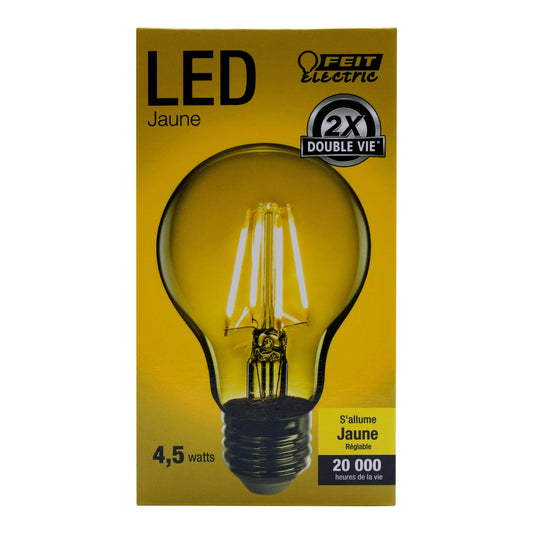 Feit Electric A19 Yellow LED Filament Light Bulb, 4.5W (40W Equivalent), Dimmable, Clear Glass, 600 Lumens, Vintage Style for Home, Party, Bar,