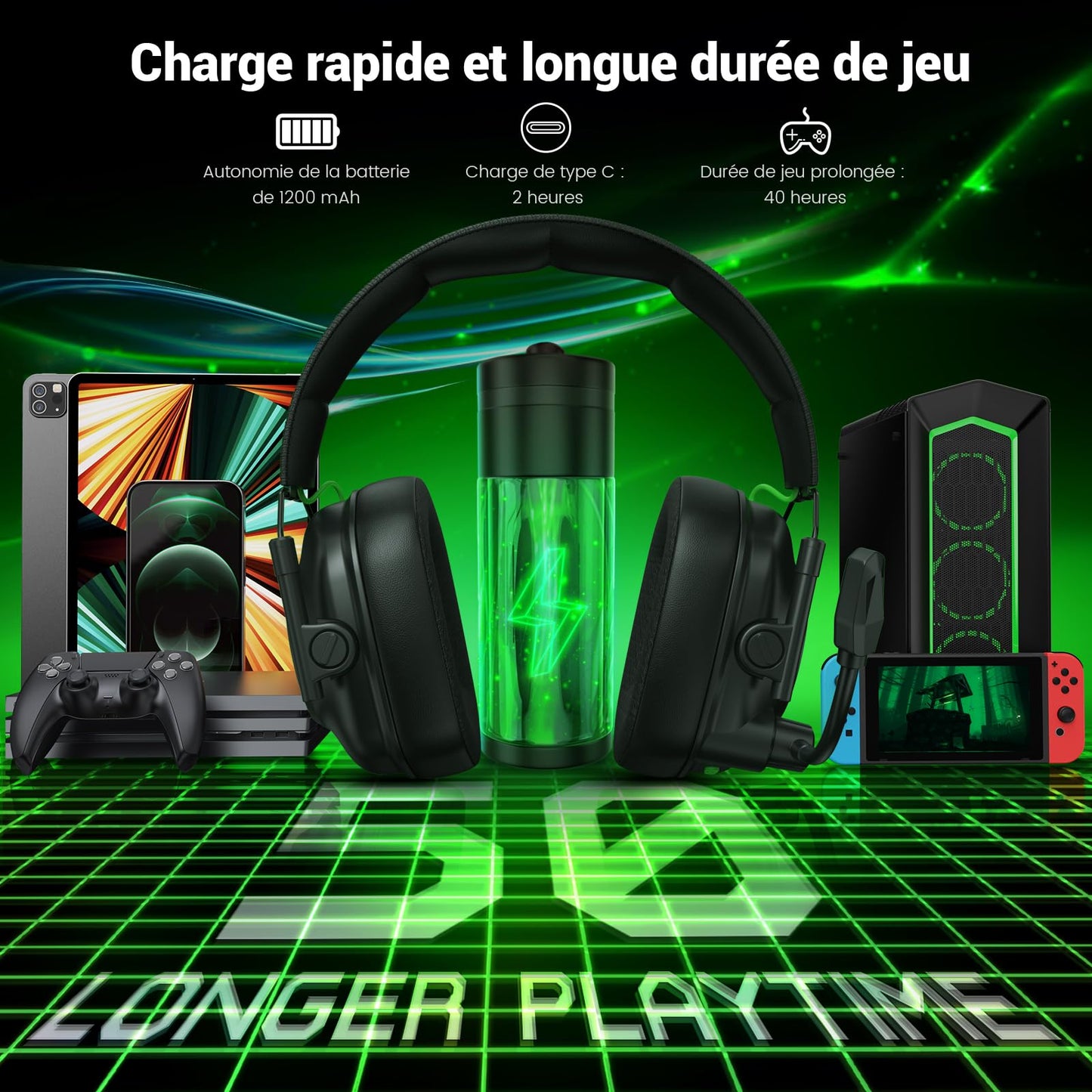Krysenix 2.4 GHz Wireless Gaming Headset for PC, PS5, PS4, Switch, Mac, Bluetooth 5.4 Gaming Headphones with Noise Canceling Microphone, Cool RGB