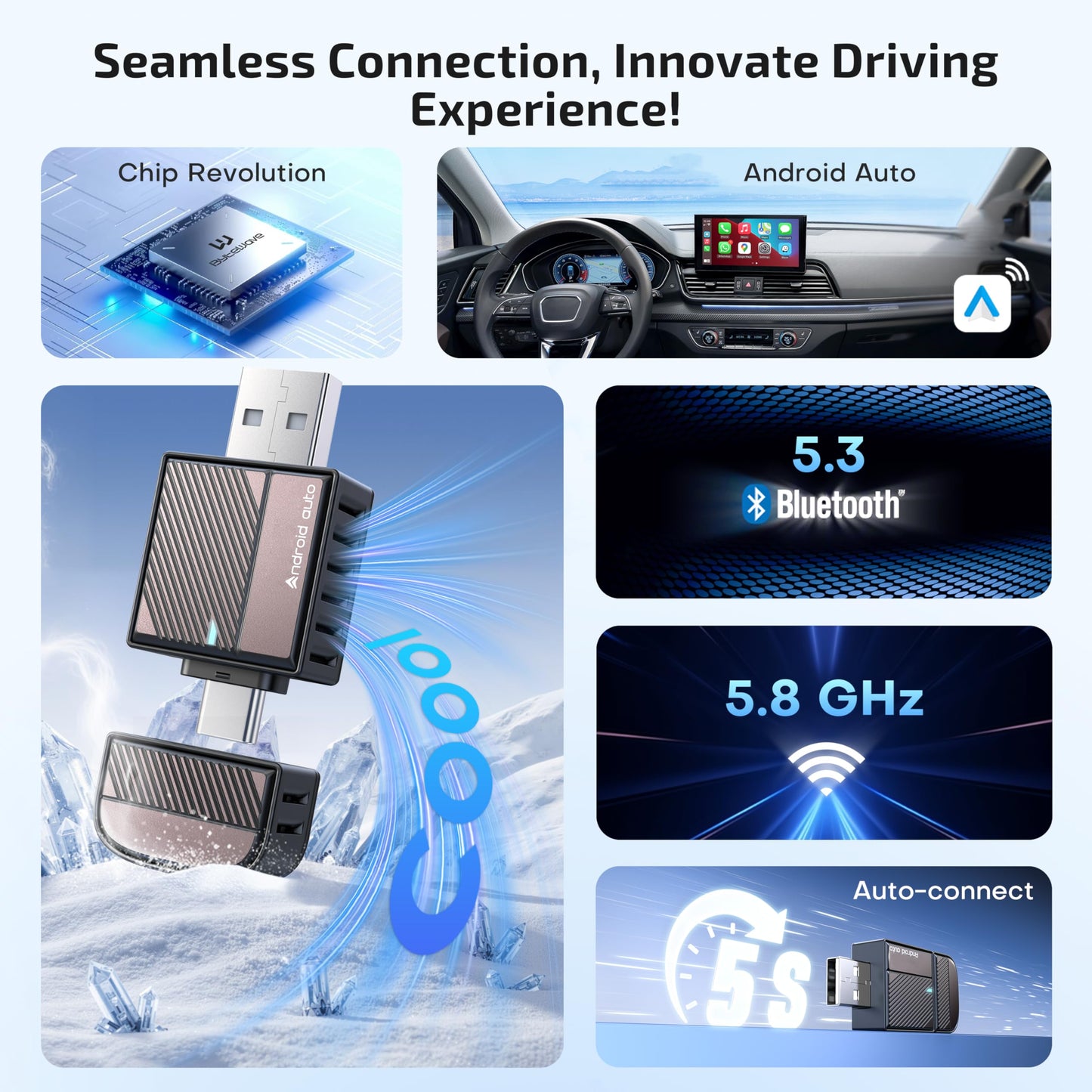 ByteWave Android Auto Wireless Adapter, 8s Fast Mini Wireless Android Auto Adapter with NFC Instant Connect, 5.8GHz WiFi Bluetooth 5.3 Stable Plug