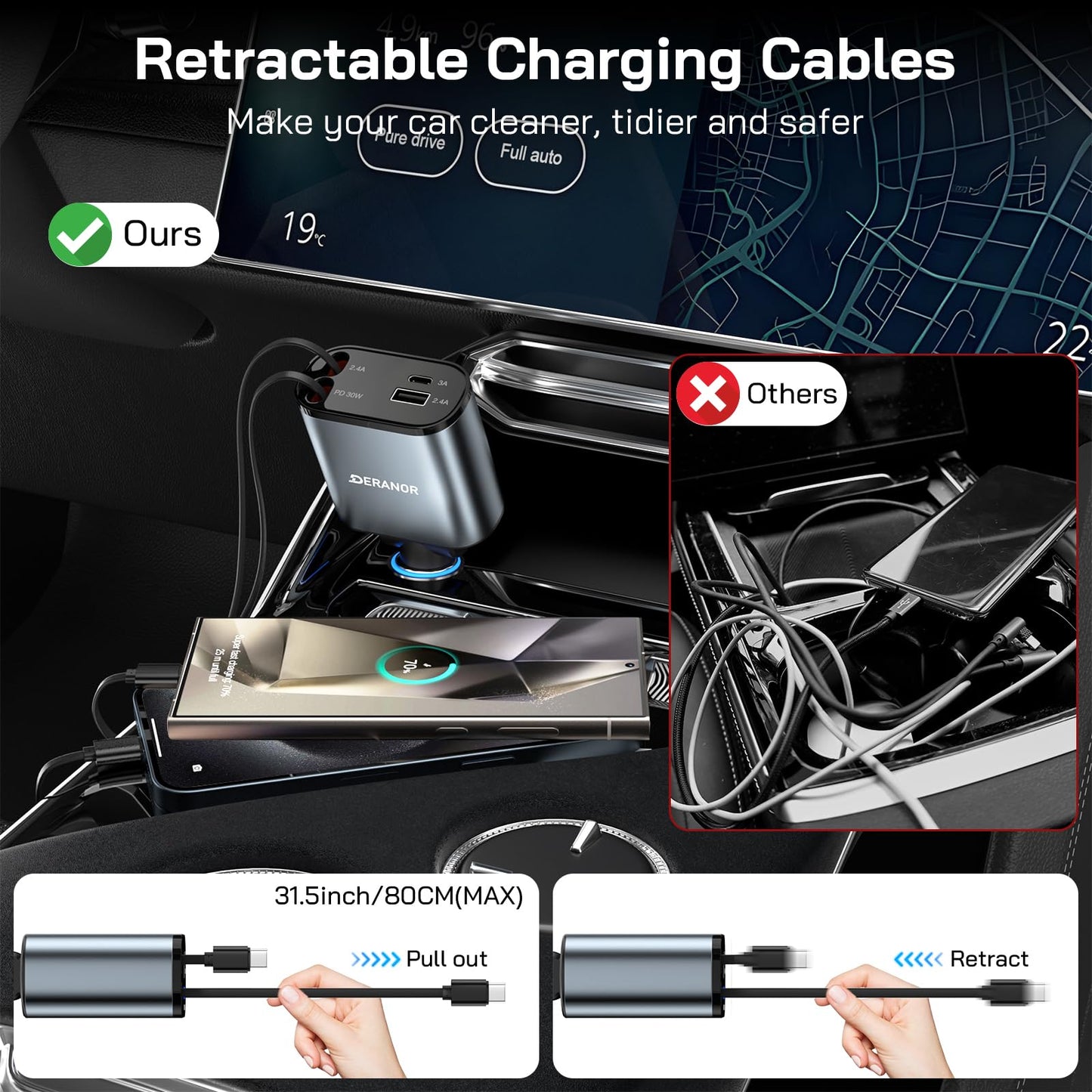 [2 Pack] Retractable Car Charger 4 in 1 Fast Car Phone Charger 69W, USB C Car Truck Accessories Adapter with 2X Retractable Phone Charger Cords