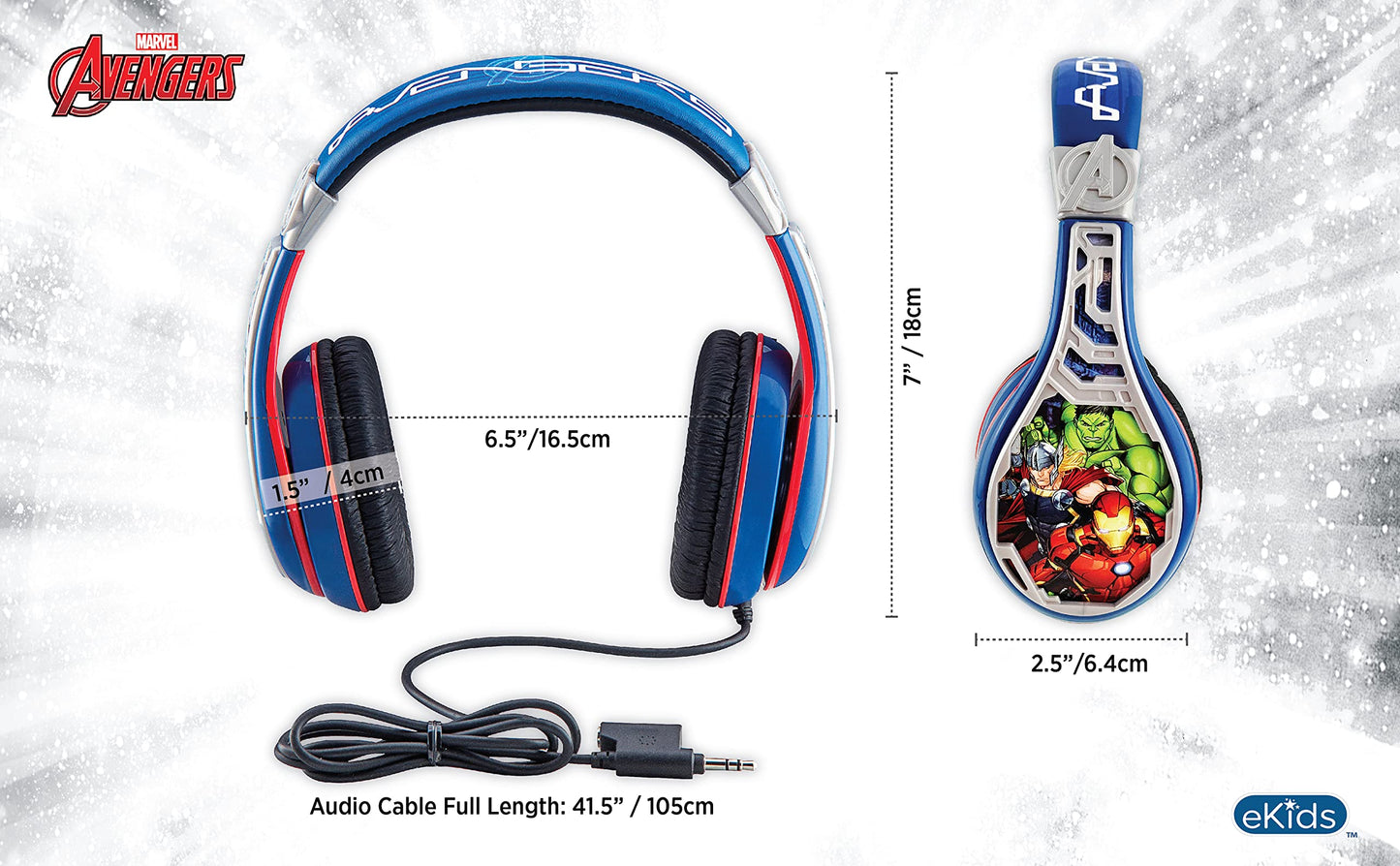 eKids Avengers Headphones for Kids, Wired Headphones for School, Home or Travel, Tangle Free Stereo Earphones with Volume Control, 3.5mm Jack,