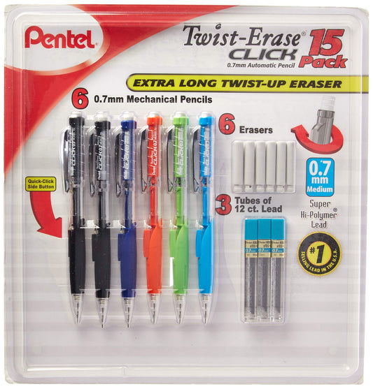Pentel Twist-Erase Click Mechanical Pencils 0.7mm, HB #2, School Supplies, Teacher Supplies, Drawing Sketching pencils, Assorted Barrel Colors- 6