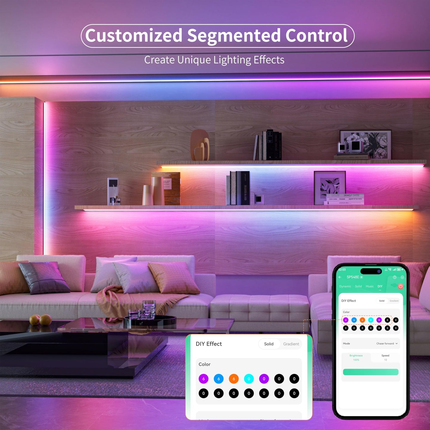MIWISE RGB Smart IC COB LED Strip Light,32.8ft Color Chasing Flexible LED Tape Light,WS2811 Addressable RGB Strip with APP Control/Music Mode,Work
