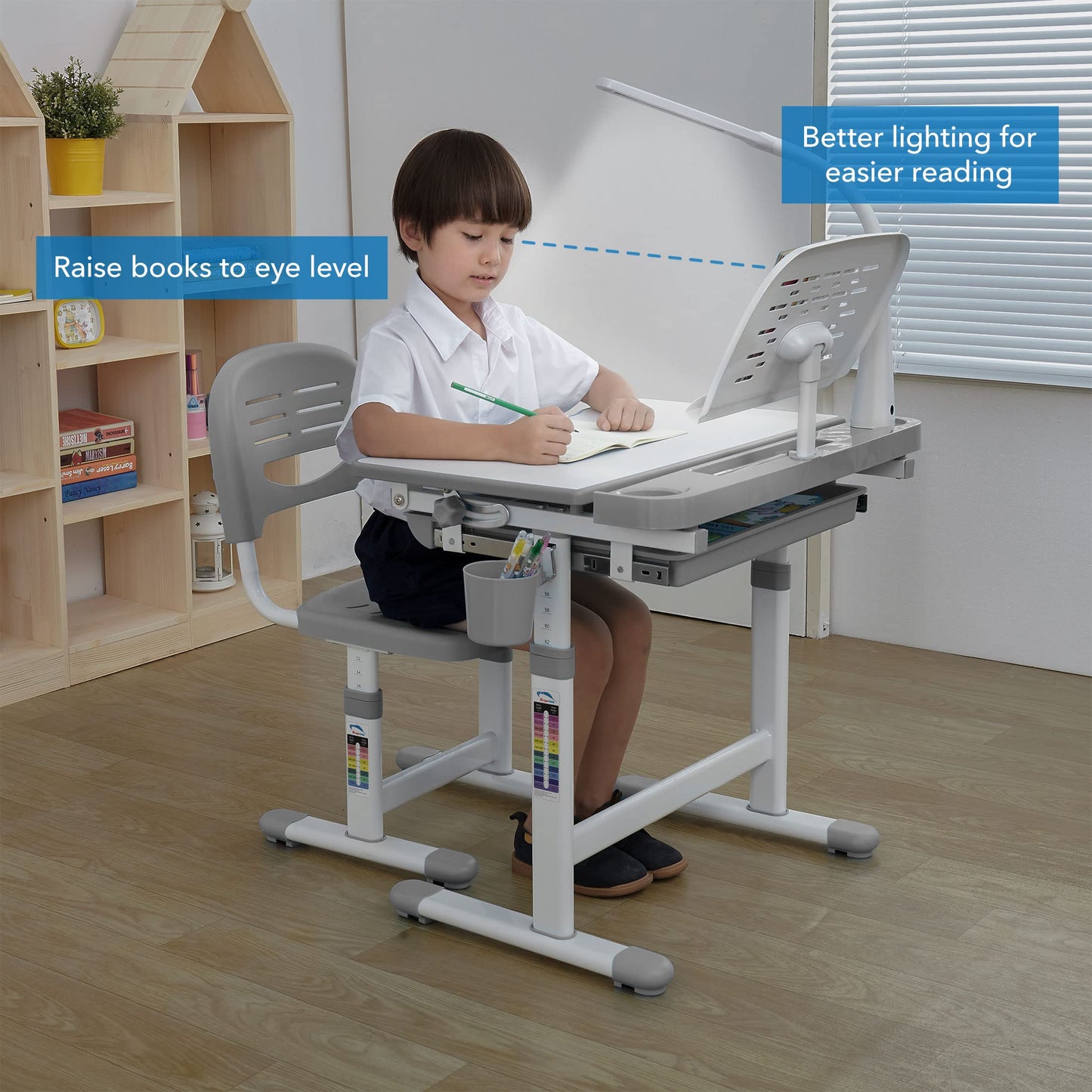 Mount-It! Accessory Kit for Height Adjustable-Kids-Desk | Includes LED-Lamp, Book Holder Shelf and Pencil Holder-Cup, Grey