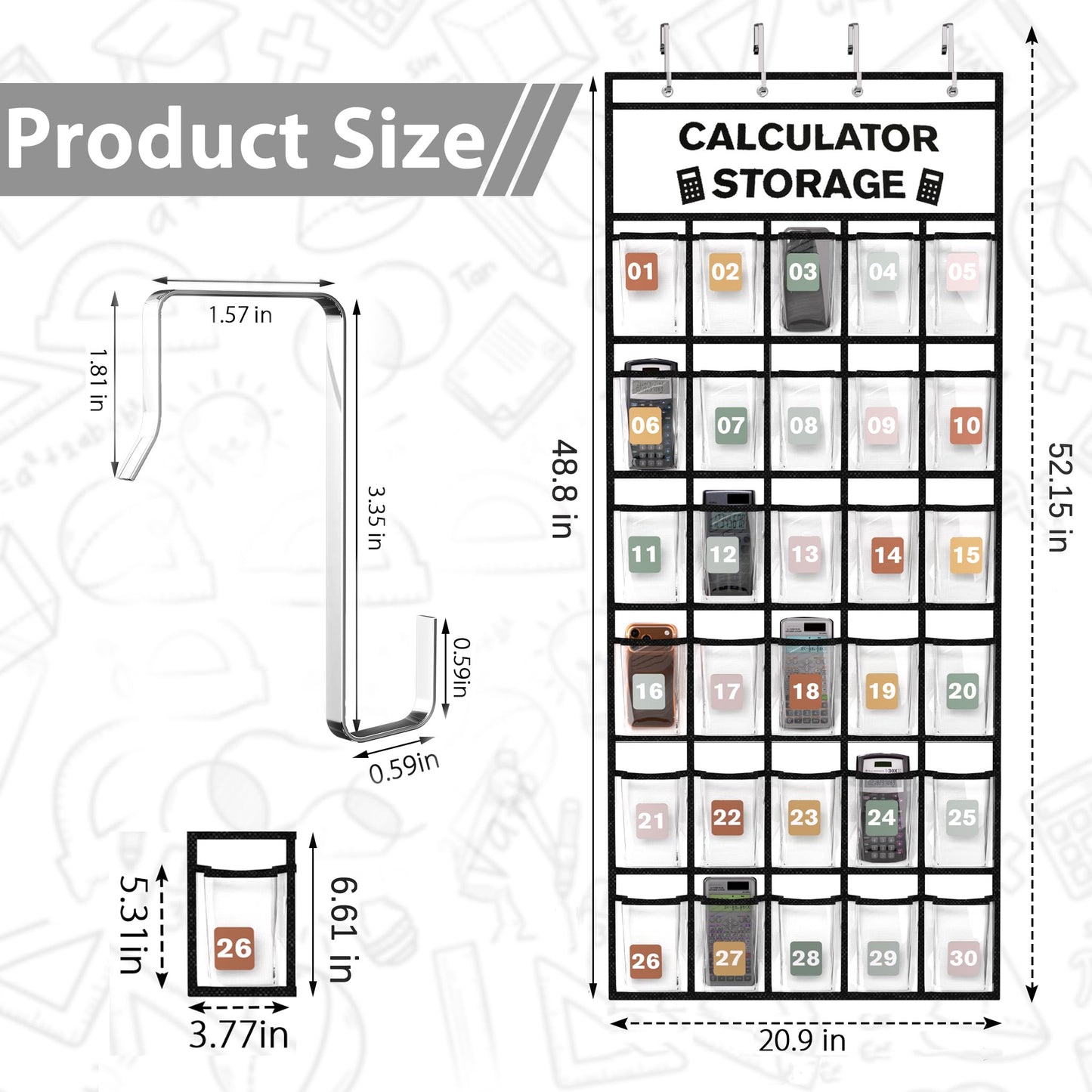 30-Pocket Calculator Holder for Classroom, Hanging Calculator Pocket Chart with Clear PVC Pockets & Numbered Stickers, Calculator Storage Organizer