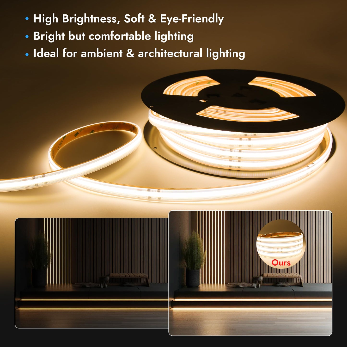 UPONELED COB LED Strip Light Outdoor 16.4ft 3000K Warm White,High Voltage 110V Plug in LED Rope Light Outdoor Waterproof, High Density Flexible LED